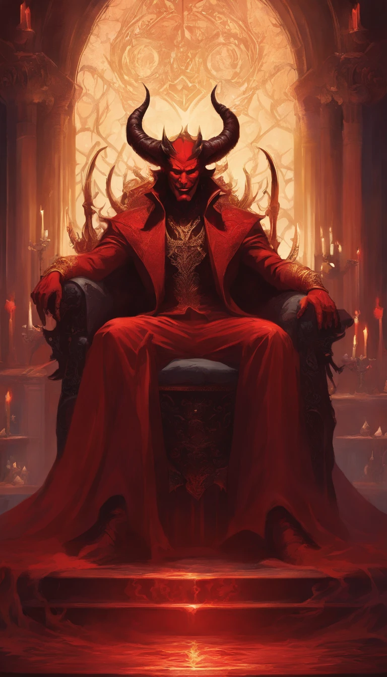 (devil,prince of hell,sits on throne), dark red velvet material,evil grin and piercing eyes, in a dimly lit chamber with flickering candlelight,smoke and shadows, surrounded by tortured souls, creepy atmosphere, Gothic art style, dark and intense color palette, dramatic lighting