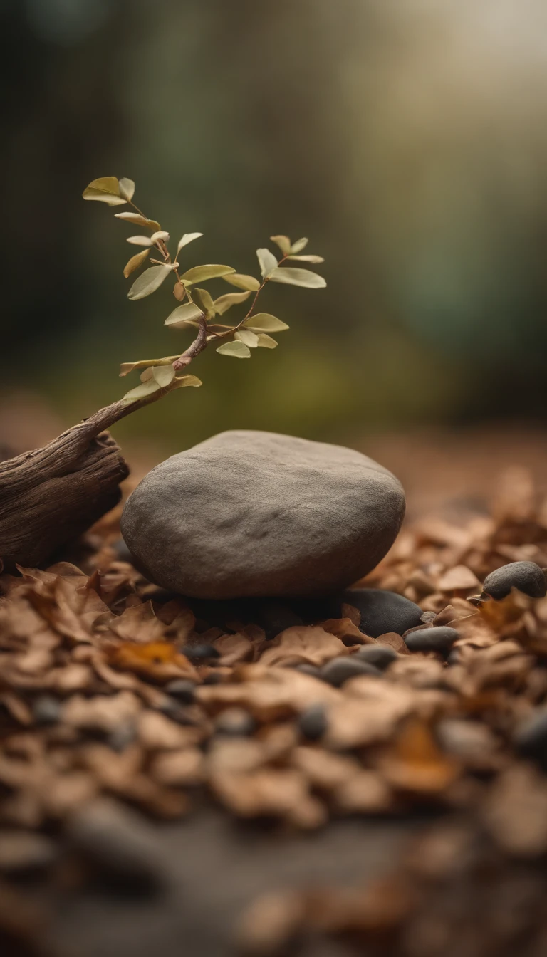 8k resolution photograph, best quality, masterpiece, cinematic photo, a rock surface next to a small wooden branch, blurred leaves obstacle, pastel colored wall background, soft lighting