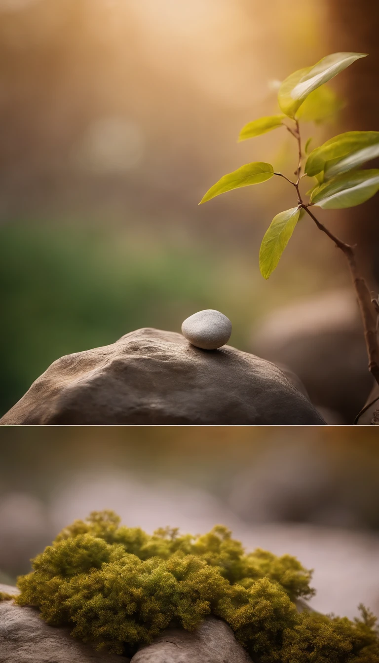 8k resolution photograph, best quality, masterpiece, cinematic photo, a rock surface next to a small wooden branch, blurred leaves obstacle, pastel colored wall background, soft lighting