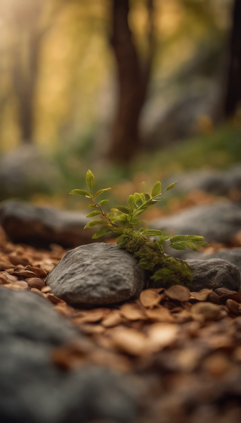 8k resolution photograph, best quality, masterpiece, cinematic photo, a rock surface next to a small wooden branch, blurred leaves obstacle, pastel colored wall background, soft lighting