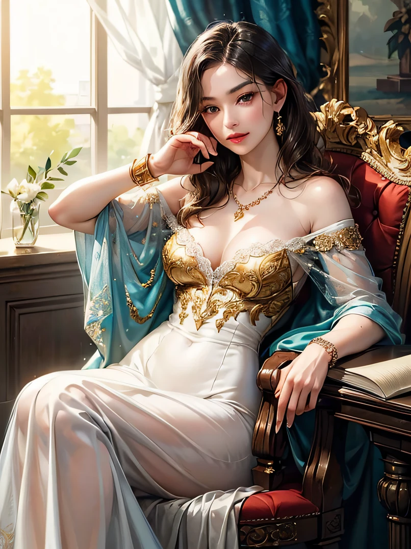 ((top-quality、masuter piece:1.3)、reallistic、超A high resolution、The best illustrations)、1 female、a beauty girl、3/5 shots、Straight hairstyle、A dark-haired、glistning skin、lightsmile、closes mouth、爆乳、Off-shoulder see-through white long dress、a necklace、Earring、Gold bangles、hyperdetailed face、A detailed eye、Detailed hand depiction、watching at viewers、Luxurious rooms in the palace、Highly detailed facial and skin texture、Focus on the face、A detailed eye、Detailed hip depiction、Detailed hand depiction、Sit on a stool and read a book