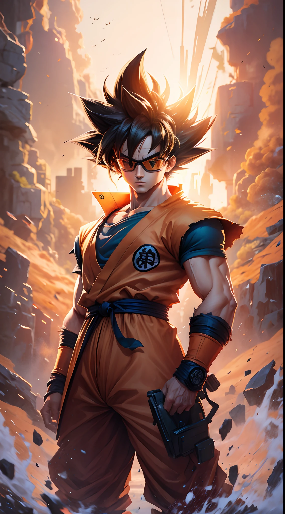Goku, wearing goggles, descolado