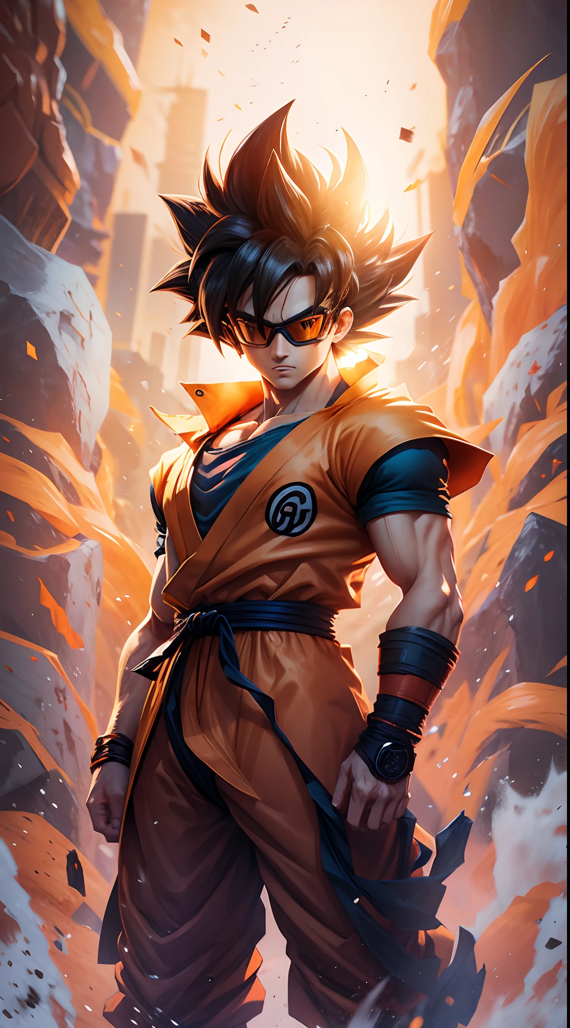 Goku, wearing goggles, descolado