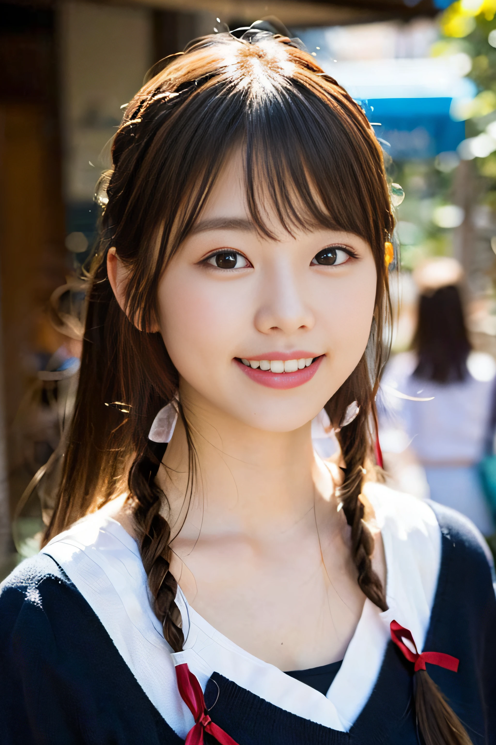 (8K、Raw photography、top-quality、masterpiece:1.2)、(realisitic、Photorealsitic:1.37)、ultra-detailliert、超A high resolution、1人、see the beholder、beautifull detailed face、A smile、Constriction、(Slim waist) :1.3)、Beautiful detailed skin、Skin Texture、Floating hair、Professional Lighting、Whole human body、a blond、japanese hight school uniform、hi-school girl、Red ribbons、Bob Hair、Happy smile、Suppin、Pigtails hairstyle、Braids、Oahu, Hawaii