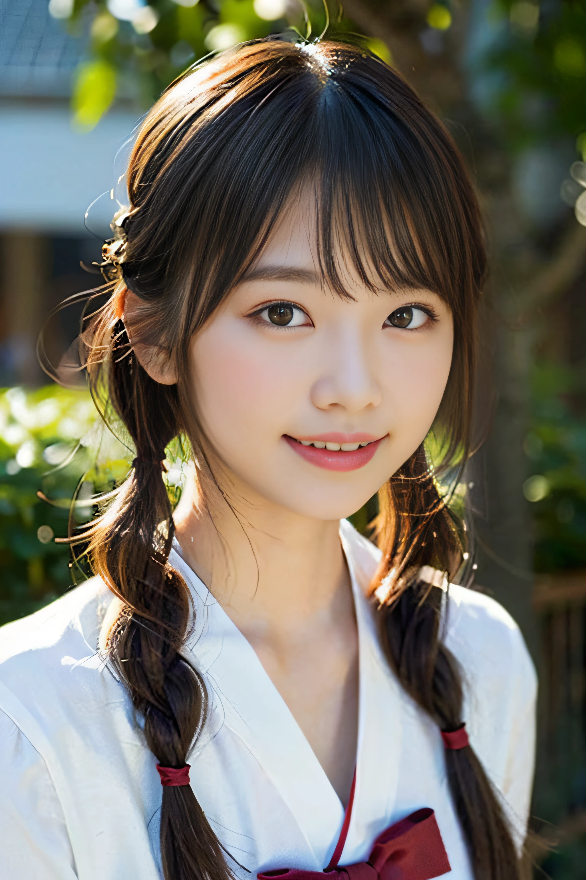 (Surreal), (High resolution), (8K), (Very detailed), (Beautiful and fine details), (Highest quality), (Ultra-detailed), (masterpiece), (Detailed face), Soft Focus、Yui Arakaki's face、huge 、Japanese、Shot in Kyoto、Shrine Background: Tie your hair up、Laughter、