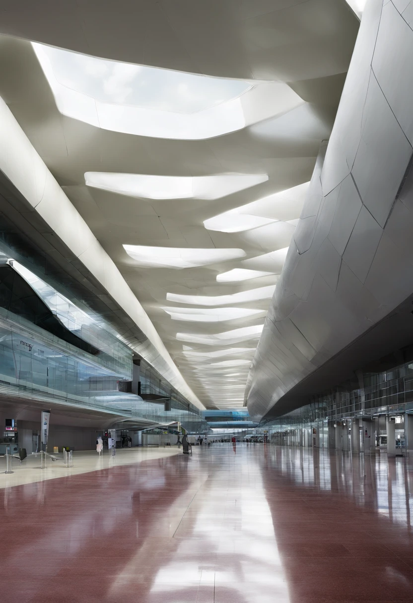 Modern, surreal airport designed under the concept of the Möbius ribbon, the general design of the airport is from the Möbius ribbon, This design is seen in the way the entire airport curves, siendo muy surrealista y fuera de este mundo, con grandes puertas, Curvas en el techo hacia el suelo y zonas verdes, Perspective view where you can see much of the airport and its unique layout, Estilo moderno, Amazing finishes, vista alejada en el aire fuera del aeropuerto