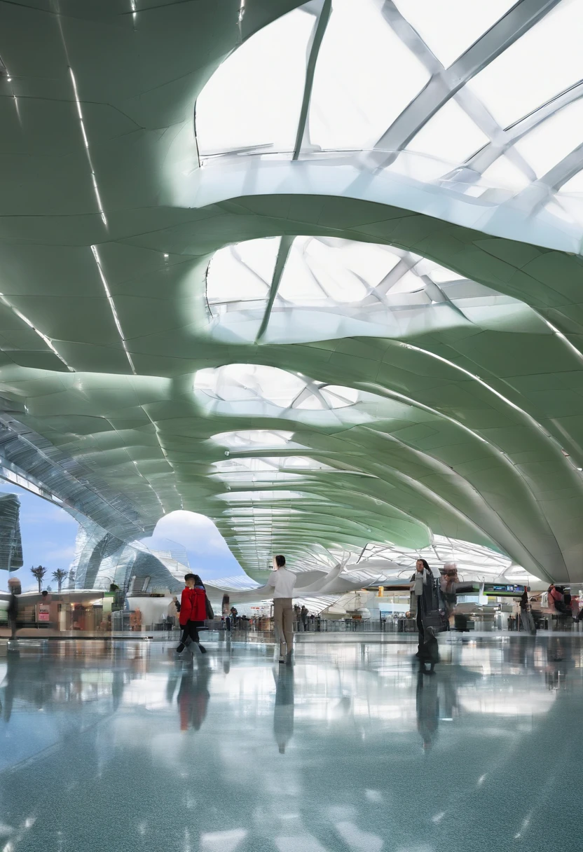 Modern, surreal airport designed under the concept of the Möbius ribbon, the general design of the airport is from the Möbius ribbon, This design is seen in the way the entire airport curves, siendo muy surrealista y fuera de este mundo, con grandes puertas, Curvas en el techo hacia el suelo y zonas verdes, Perspective view where you can see much of the airport and its unique layout, Estilo moderno, Amazing finishes, vista alejada en el aire fuera del aeropuerto