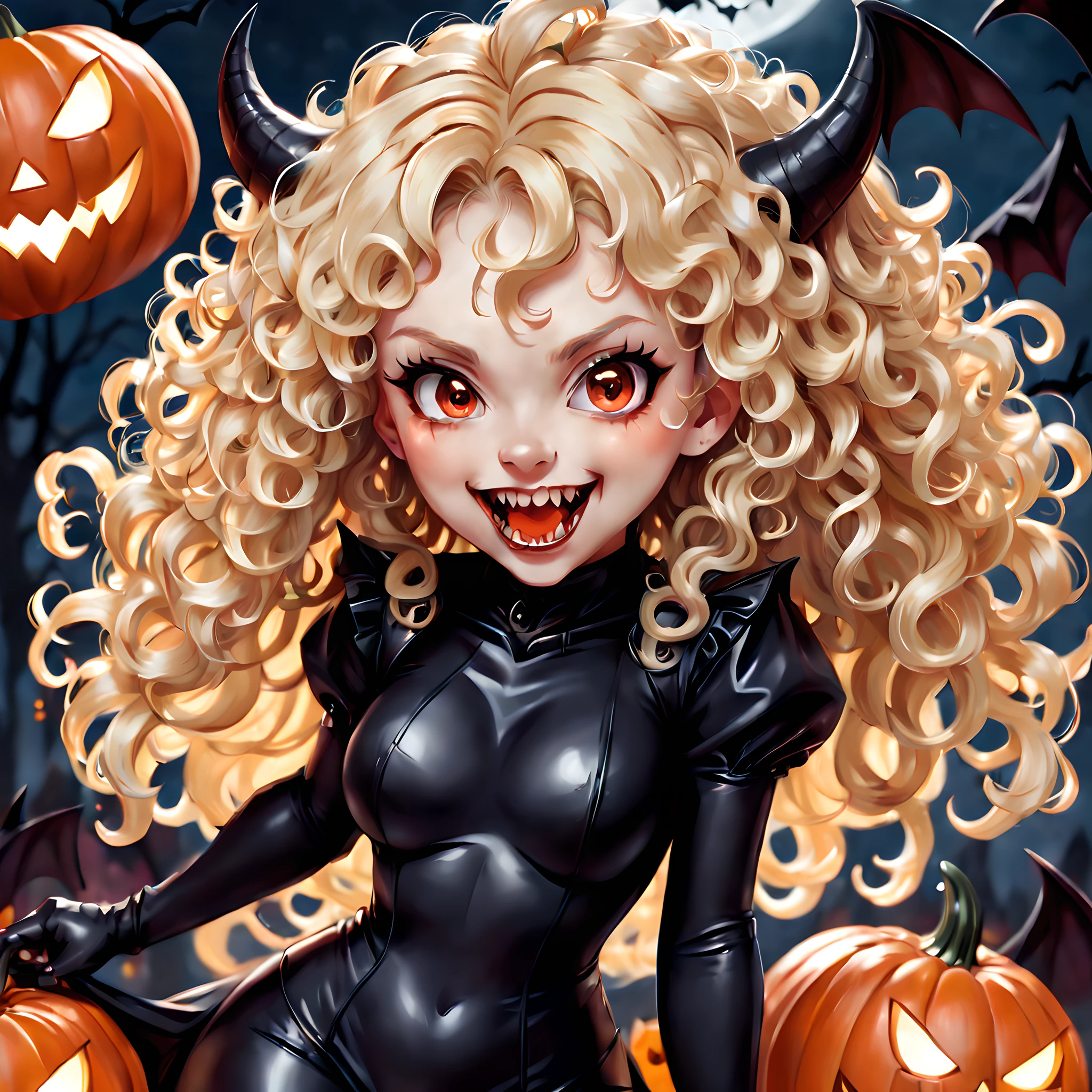 Devil, black devil, cute devil, anime illustration, ultra detailed, hyper sharp image, fangs. blonde wavy curly long hair, wearing rubber costume, halloween festival, jack o'lantern, ghost,