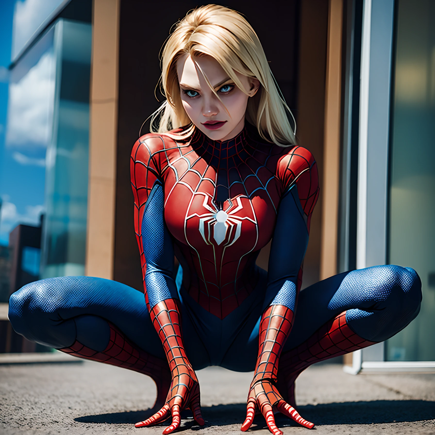 a woman in a spider - man suit is posing for a picture, spiderwoman!!!!!, spiderwoman!!, (cameron diaz:1.2) as spiderman, spider woman, ( ( spiderwoman ) ), gwen stacy, super hero pose, awesome pose, wearing tight suit, spiderman, spiderman!!, super realistic photo, style of marvel, posing like a superhero, spider - man, spider-man, 2 0 yo