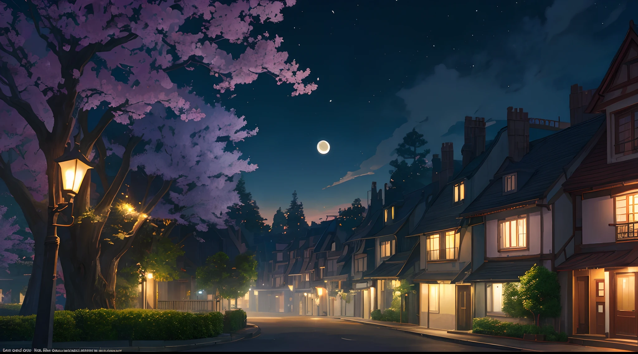 anime,anime landscape,quiet street,house,tree,street lamp,moon,(best quality,8k),vibrant colors,lush greenery,peaceful ambiance,captivating atmosphere,complex details,expressive characters,futuristic elements,surreal aesthetic,dimly lit environment,serene mood,meticulous artwork,impressive cityscape,tranquil night scene,dynamic lighting,immersive setting