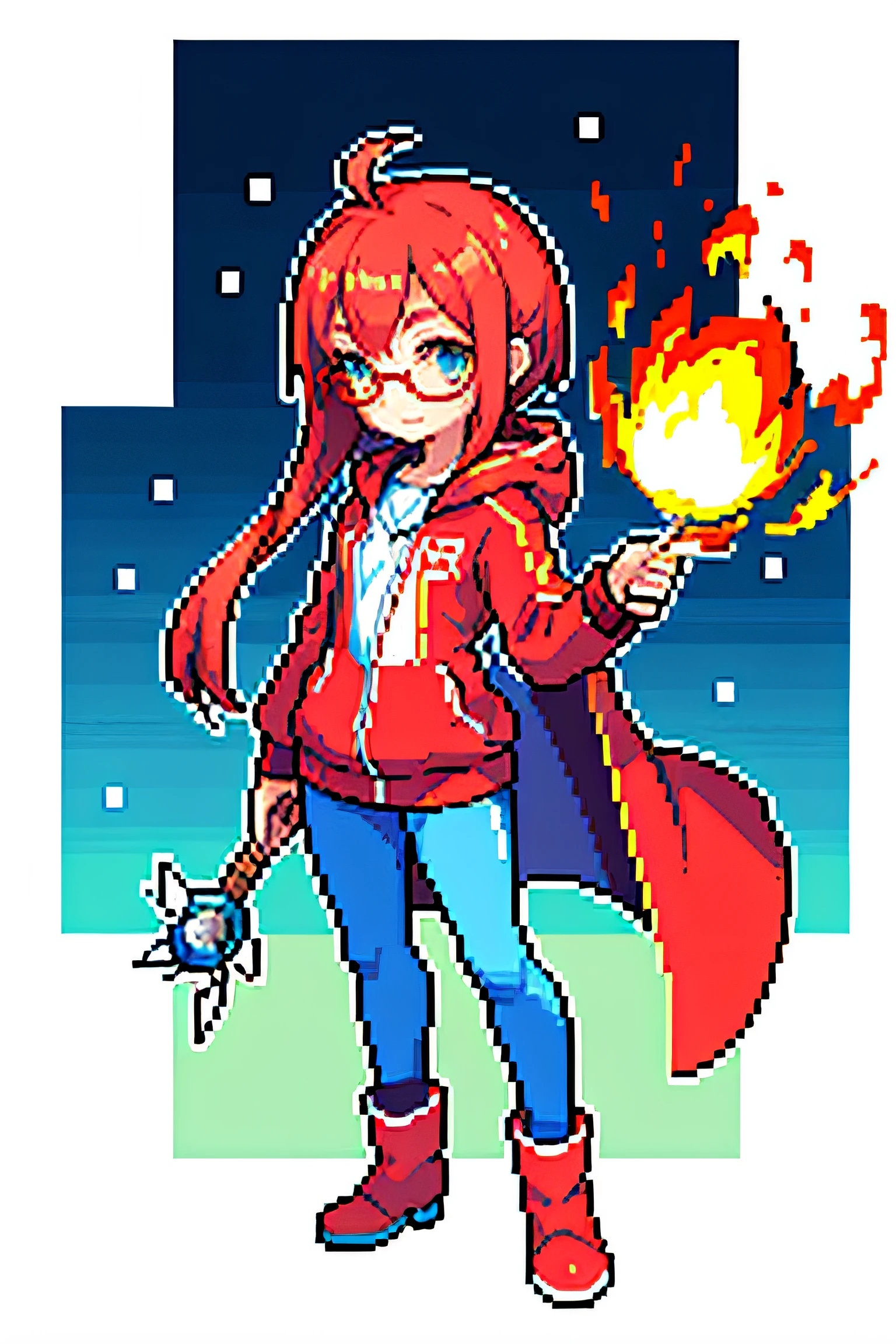 (tmasterpiece,top Quority,best qualtiy),pix,pixelart,Girl,red tinted hair,s girl,Fiery personality,full bodyesbian,Cloak,Snow boots,white stockings,track suit,holding a magical staff,Charming,Raised sexy,long whitr hair,wears glasses,It has a refined pixel style,It belongs to the game character design,The background color quality is relatively high,There are draft designs on the front and sides of the drawing