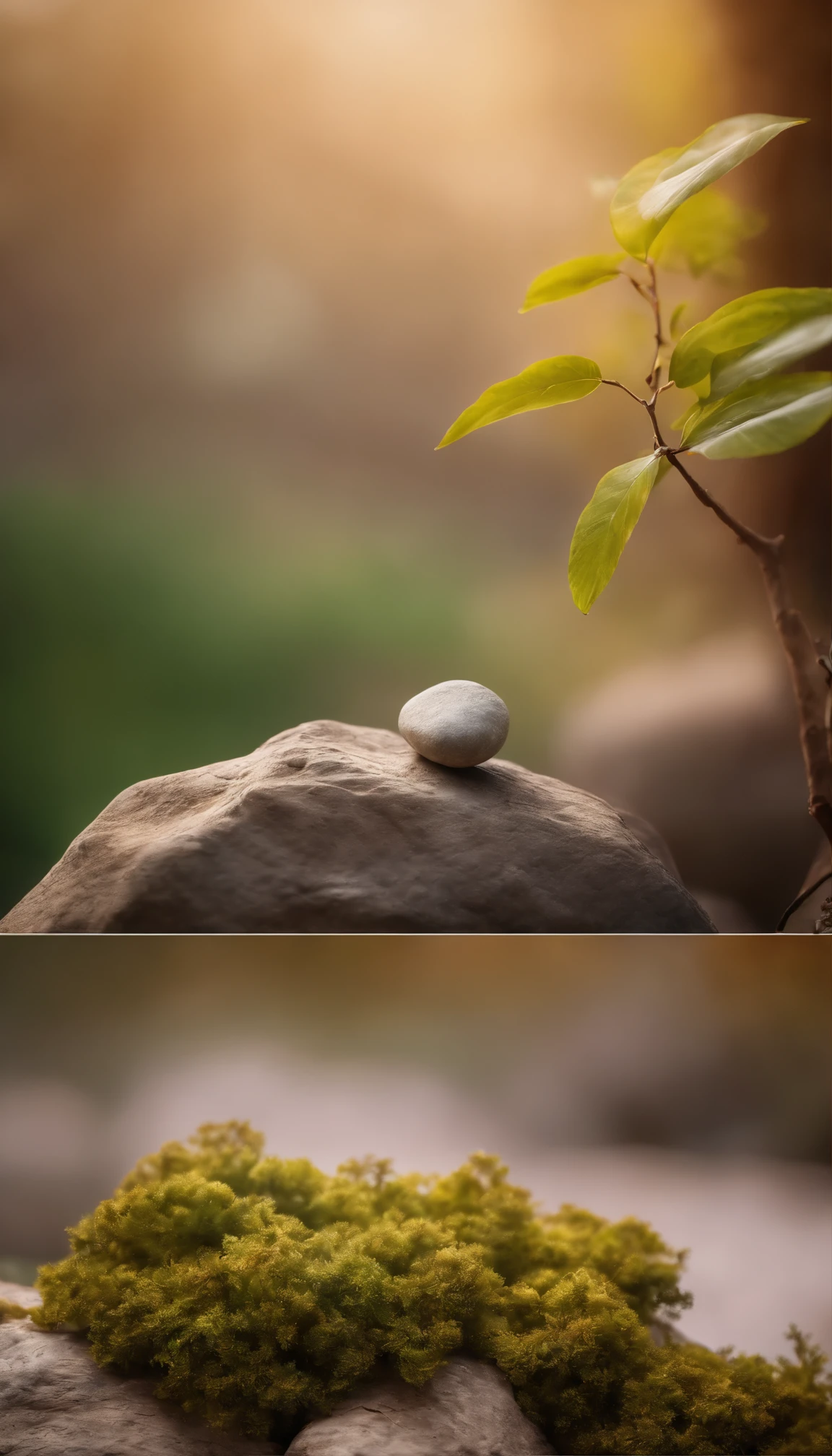 8k resolution photograph, best quality, masterpiece, cinematic photo, a rock surface next to a small wooden branch, blurred leaves obstacle, pastel colored wall background, soft lighting