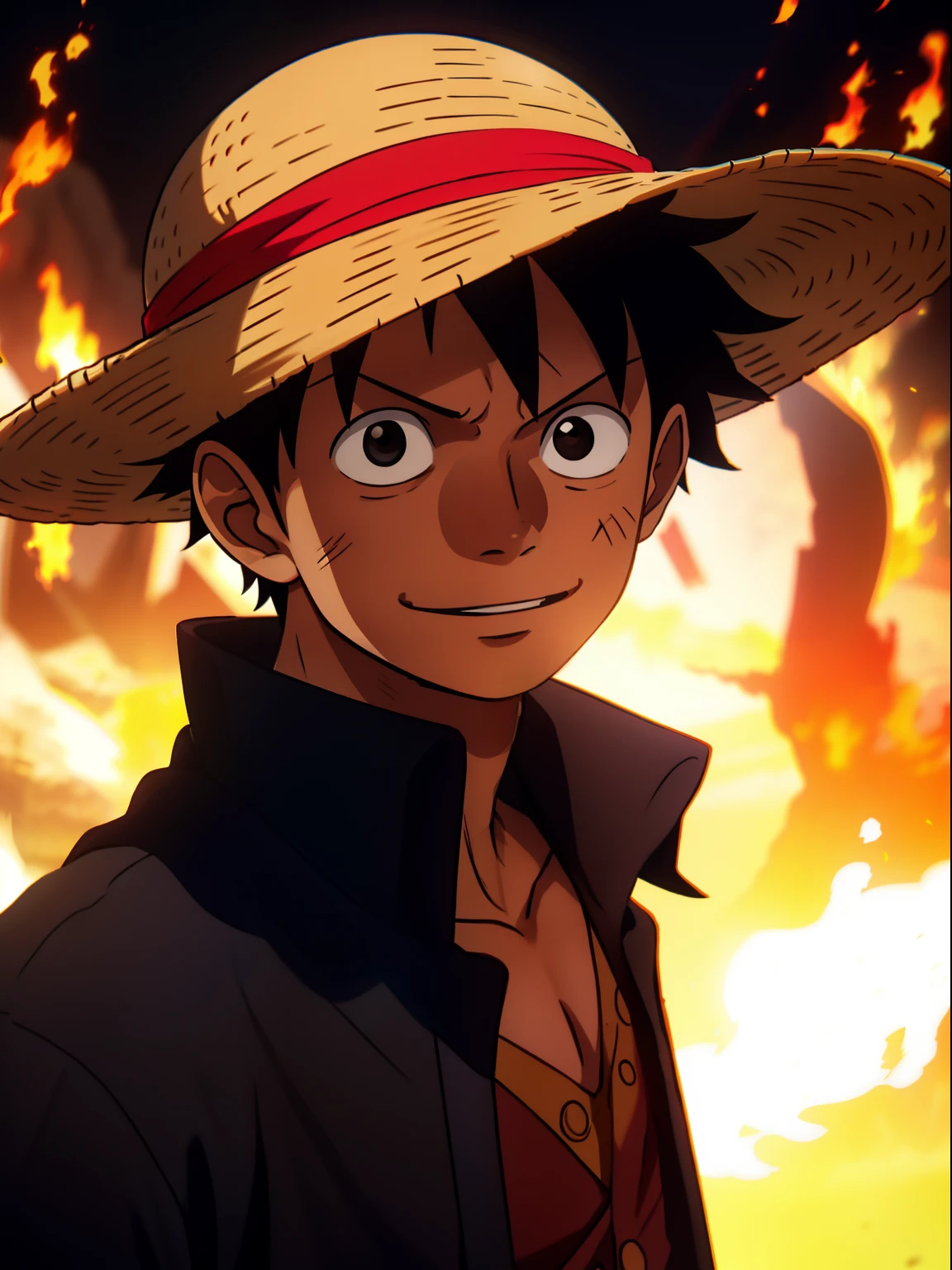 1boy, wanostyle, monkey d luffy, smiling, straw hat, looking at viewer, solo, upper body, ((masterpiece)), (best quality), (extremely detailed), depth of field, sketch, dark intense shadows, sharp focus, soft lighting, hdr, colorful, good composition, fire all around, spectacular, closed shirt, anime screencap, scar under eye, ready to fight, black eyes