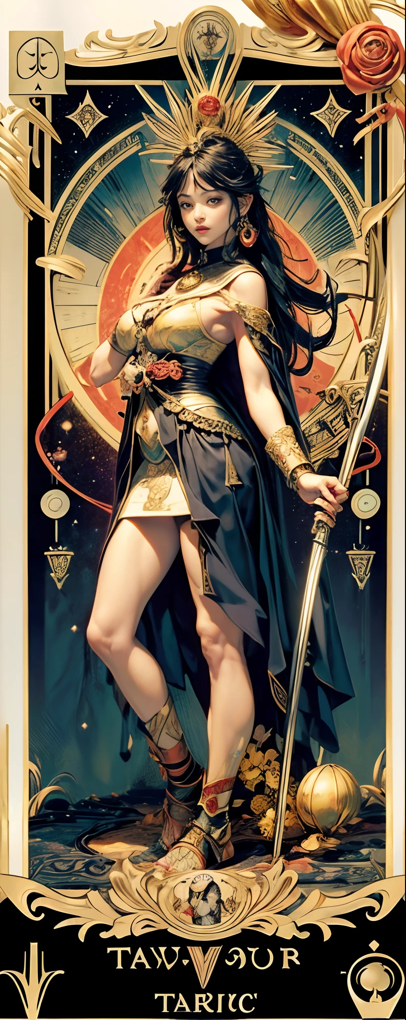 tarot cards,Full tarot border,(The image is surrounded by a tarot card-style border:1.8), (1 Men 1.5),Hades,The Grim Reaper armed with a giant scythe,(Wearing:black toga,),Fire-breathing eyes,angry look,(Hairstyles: Red curls,),Beard, Roman mythology,8k wallpaper,finely quality eyes,Right eyes,correct hand, Ultra-detailed, Beautiful and aesthetically pleasing, tmasterpiece, best qualityer, (s fractal art: 1.3), mountain ranges, Machine detailed, dynamic angle, Cowboy shot, The most beautiful forms of chaos, elegant, Fauvistdesign, vivd colour, romanticism lain, volcanoes,hell, Buble, shells, Blood, pearls,magma,火焰, Libra, shells, skulls, seele,Hold the giant scythe,Vintage style,Well-developed muscles,(zentangle,datura,Tangles,entangled), (s fractal art: 1.3),holy rays,gold foil,Gold leaf art,glitter drawing,Full tarot border,(Full border 1.5),(The border is centered 1.8),Fang Yi
