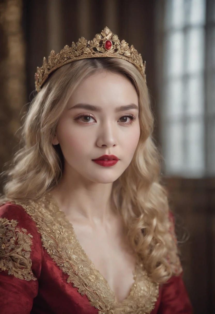 Asian woman, delicate face, fine features, pale skin, thin eyebrows, long curly golden blonde hair, red lips, amber eyes, red and gold medieval dress, small golden tiara, dark room, sitting on chair