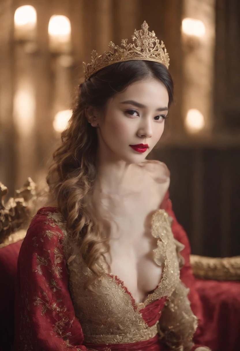 Asian woman, delicate face, fine features, pale skin, thin eyebrows, long curly golden blonde hair, red lips, amber eyes, red and gold medieval dress, small golden tiara, dark room, sitting on chair