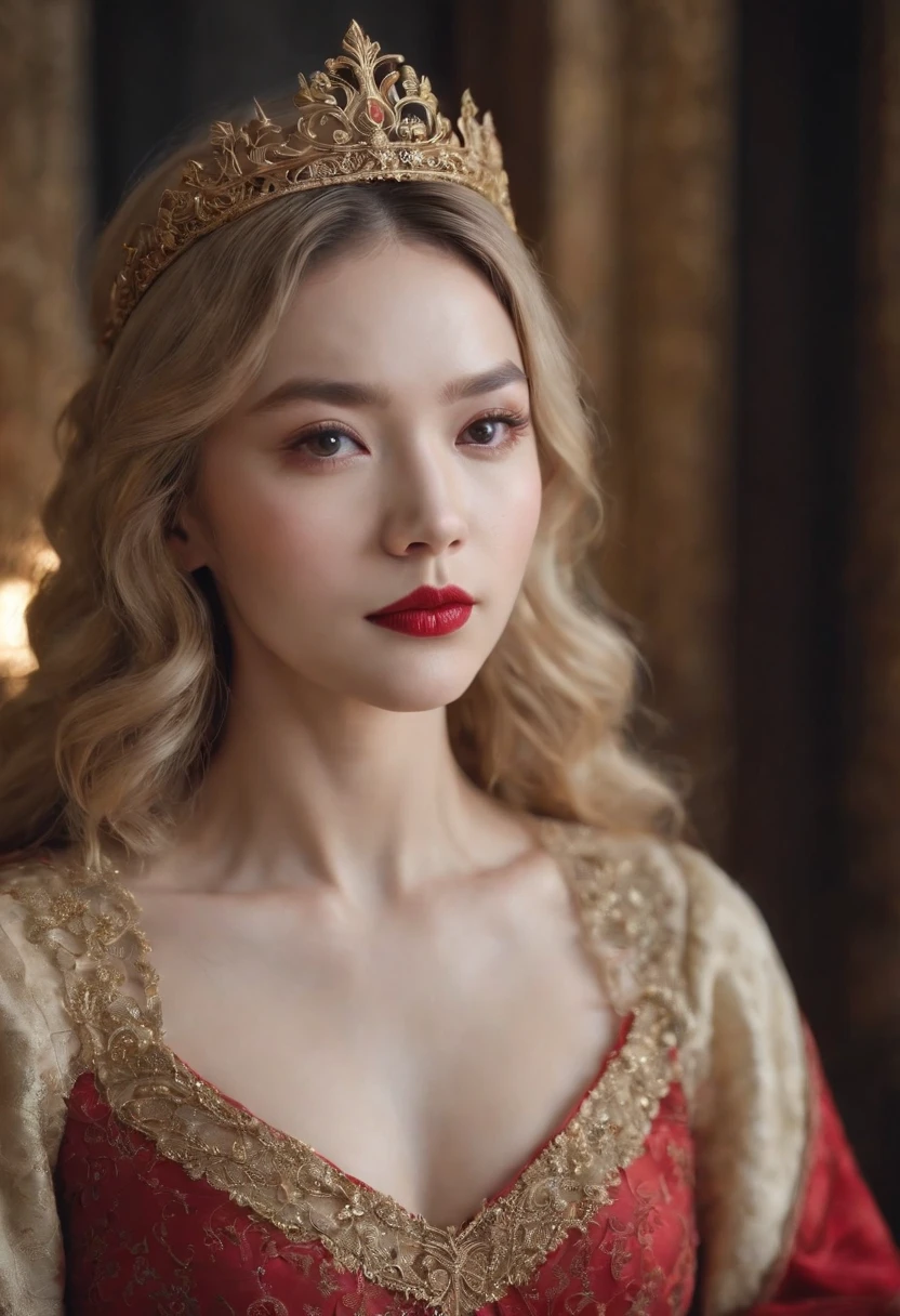 Asian woman, delicate face, fine features, pale skin, thin eyebrows, long curly golden blonde hair, red lips, amber eyes, red and gold medieval dress, small golden tiara, dark room, sitting on chair