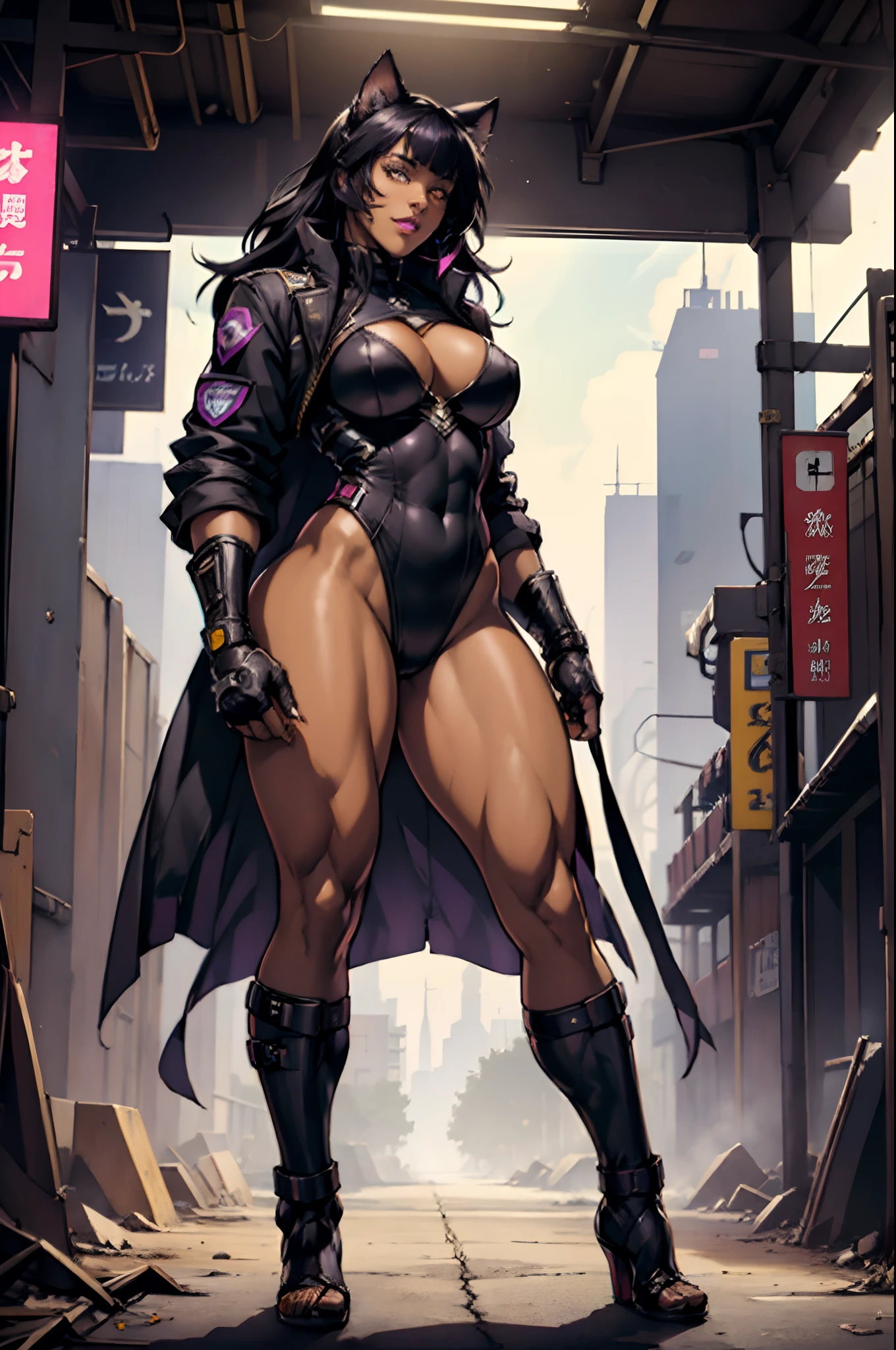 (masterpiece, best quality:1.3), highly detailed, intricate, professional art, digital art, 8K, blake belladonna, (african woman: 2.3), (dark skin: 2.8), stands while looking around, front view, huge breasts, (cyberpunk styled complex background, city:1.15), half-body view, animal eyes, cat ears, big ass, black hair, long hair, blunt bangs, lipstick, (purple makeup:1.1), black eyeshadow, smokey eyes, detailed hair, ultra detailed face, yellow eyes, perfect eyes, beautiful eyes, detailed eyes, perfect face, (very dark skin: 1.8), african woman, (african woman: 2.1), very dark skin character, (very dark skin: 3.2) (tail:0), (japanese clothes:0.6), (leotard:1.2), bicep-length gloves, fingerless gloves, (hip vent:0.9), (bridal gauntlets:1.1), shrug (clothing), black gloves, elbow gloves, (young female, 16 years old:1.1, black woman: 2.4), Large Breasts, cleavage, (fit body: 1.1) Half jacket that fused with half leotard. Black and white outfit. Her weapon Gambol Shroud in piston form.