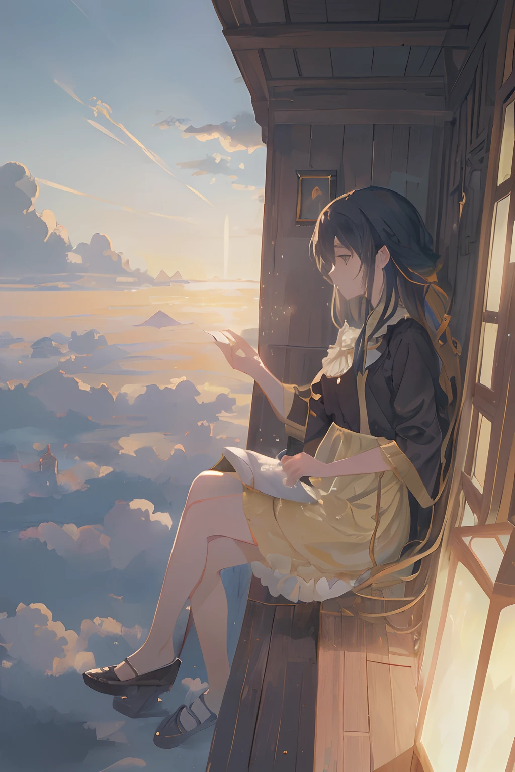 Create exquisite illustrations reminiscent of Makoto Shinkai's style, It has ultra-fine details and top-notch quality. Create an illustration of a flying house gracefully enjoying the breathtaking view from above. The house, suspended in the sky, offers a panoramic perspective of the golden-hued sea of clouds below. Inside the house, there is an atmosphere of serene elegance as its inhabitants indulge in the splendor of the aerial landscape. The image captures the essence of tranquility and sophistication, showcasing a moment of serene enjoyment amidst the boundless beauty of the skies.Create an illustration of a flying house with a sea of golden clouds in the background. The house seems to float in the air, Surreal and nostalgic atmosphere. The golden clouds below are、Gives the scene a magical and enchanting atmosphere, Evoke wonder and nostalgia. In this dreamy journey, The mediocre becomes extraordinary, And the past merges seamlessly with the present. An elegant girl is depicted, Savor the fantastic and nostalgic sky spectacle with grace. Her calm demeanor and ethereal environment、Create captivating visual narratives, Transporting viewers into a world where imagination knows no bounds.Draw a beautiful girl、House in the Sea of Clouds、House in the sky