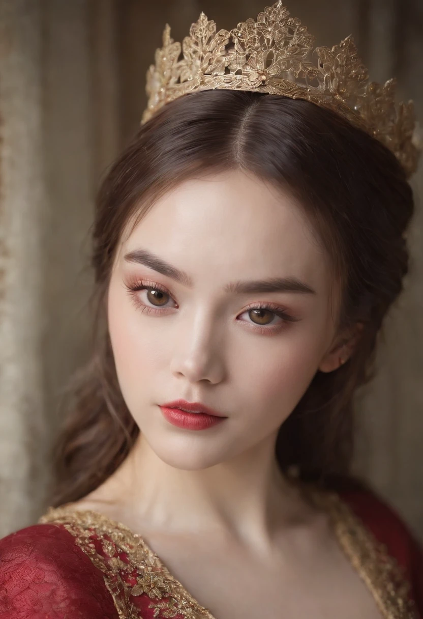 asian female (Pinkish), cara delicada, fine features, Pale skin, cejas finas, cabello largo y rizado rubio dorado, labios rojos, amber eyes, Vestido medieval rojo y dorado, Small golden tiara, dim room, sentado en la silla