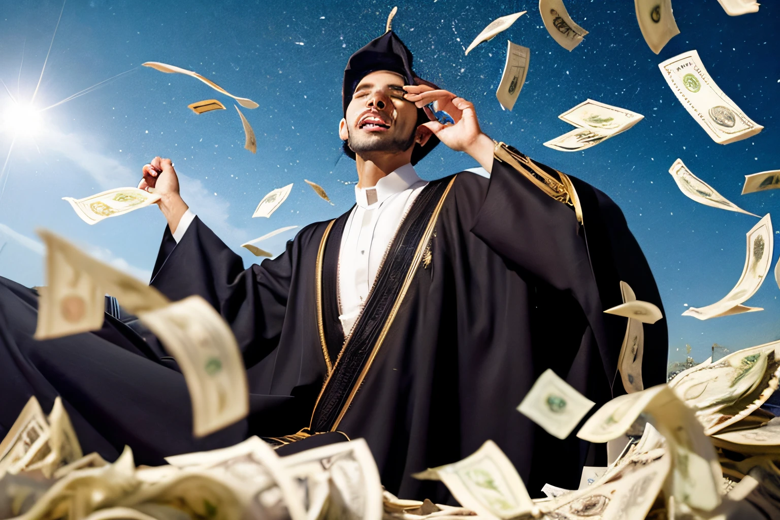 Saudi man wearing Saudi robes and hijab bathing in money falling from the sky