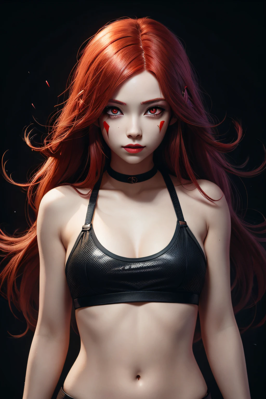 girl with long red hair, red eyes, futuristic vibes, mask on mouth, headphones, 8k, high quality, simple background, glowing eyes, nice pose