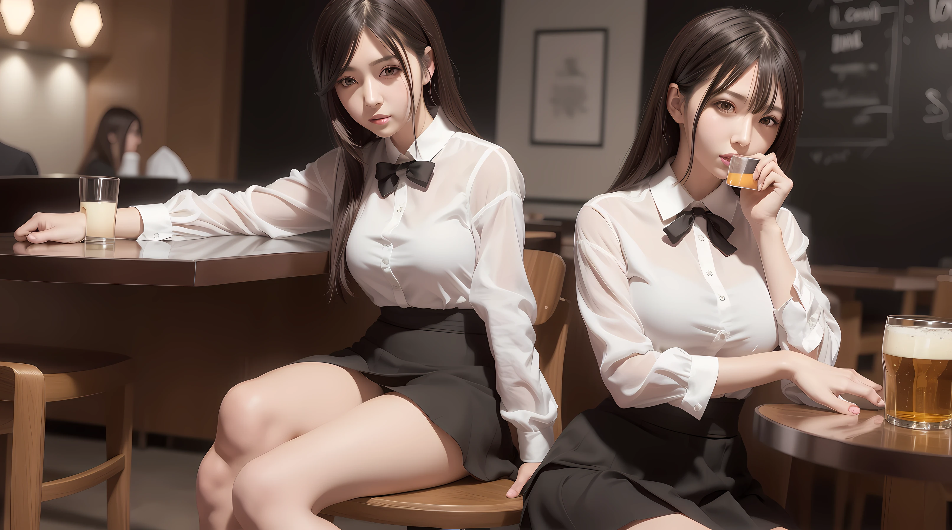 Anime image of woman in white shirt and black skirt holding glass of beer, with a drink, Seductive Anime Girl, (SFW) safe for work, anime moe art style, Realistic Schoolgirl, anime girl drinks energy drink, charming anime girls, Smooth Anime CG Art, ; visual novel, Kantai Collection Style, visual novel cg, at bar