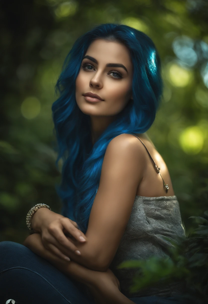 Laughing Beautiful biracial latina woman, blue long wavy hair, blue light eyes, large breast, run behind the viewer and try to catch him, She extends her hand towards him, in forest, lot of vegetation, wear a white dress without sleeves, Résolution Haute,