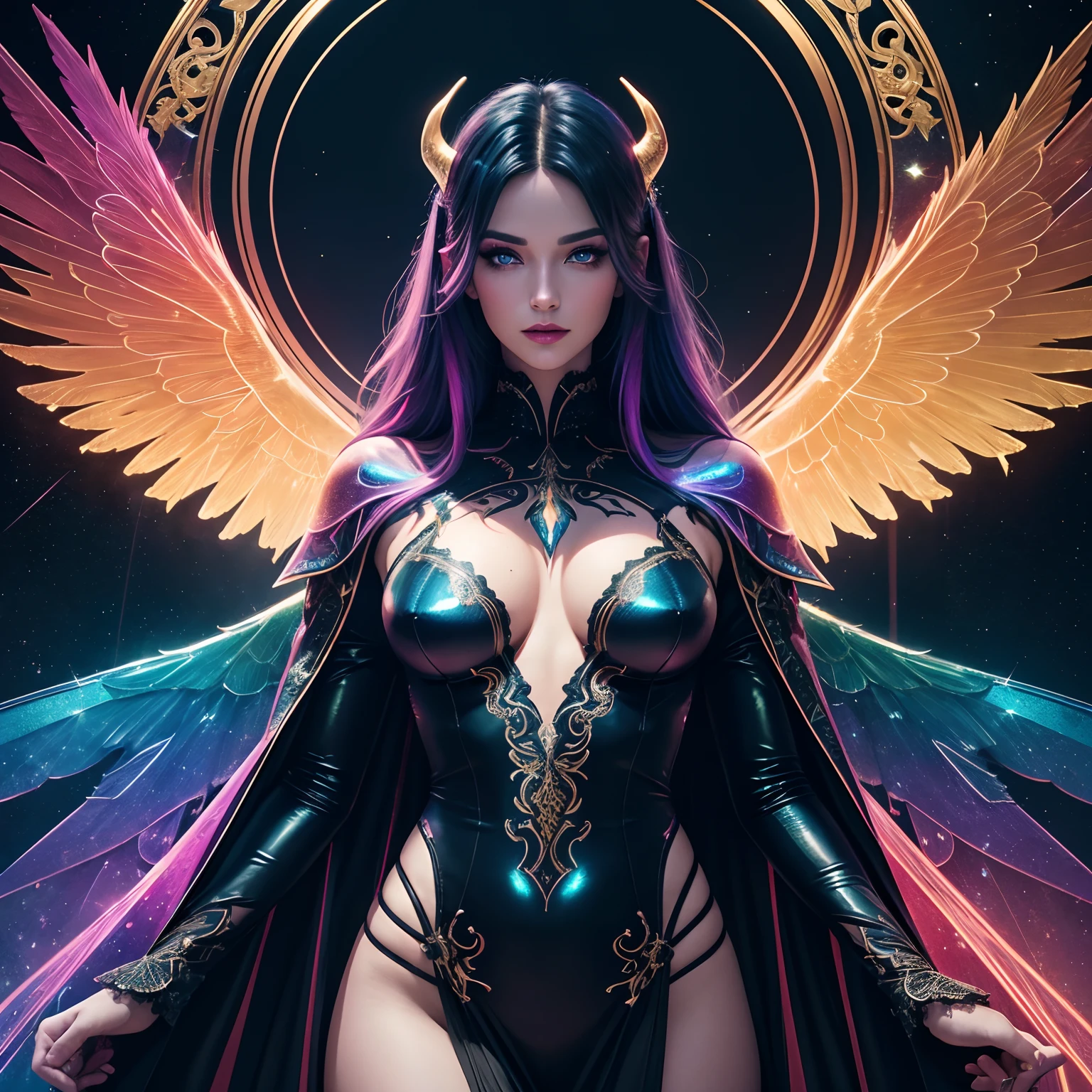 from below, finest image, (8k, RAW photo, realistic), beautiful devil queen, condescending gaze, blue shining sharp slit eyes, long eyelashes, double eyelids, crimson alluring moist big thick lips, abs, slender, perfect proportion, iridescent big rainbow-colored wings, has a fireball, black lace robe, black body suit and gold tattoos, blurry background fantasy, galaxy, iridescent light particles, iridescent lines, rainbow-colored neon lights, detailed and delicate depiction, professional lighting