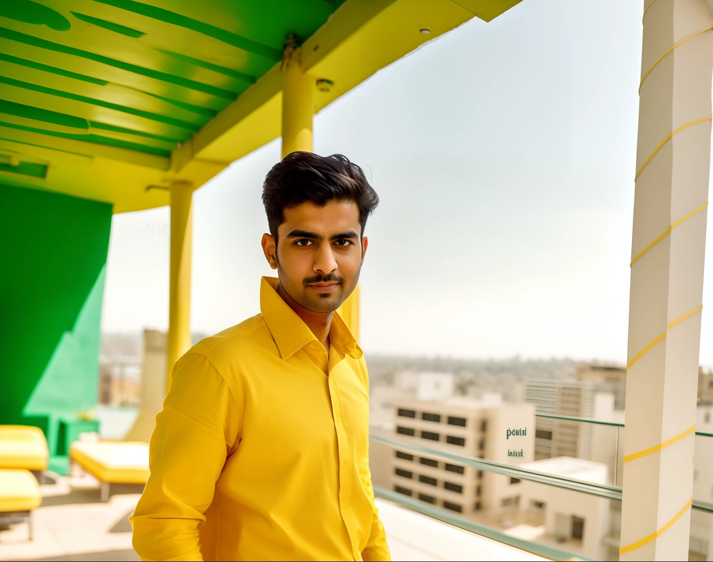 araffe man standing on a balcony with a green chair and yellow table, portait photo profile picture, candid picture, with accurate face, very very low quality picture, kyza saleem, inspired by Saurabh Jethani, very clear picture, with a cool pose, with lovely look, graphical, profile pic, taken with the best dlsr camera