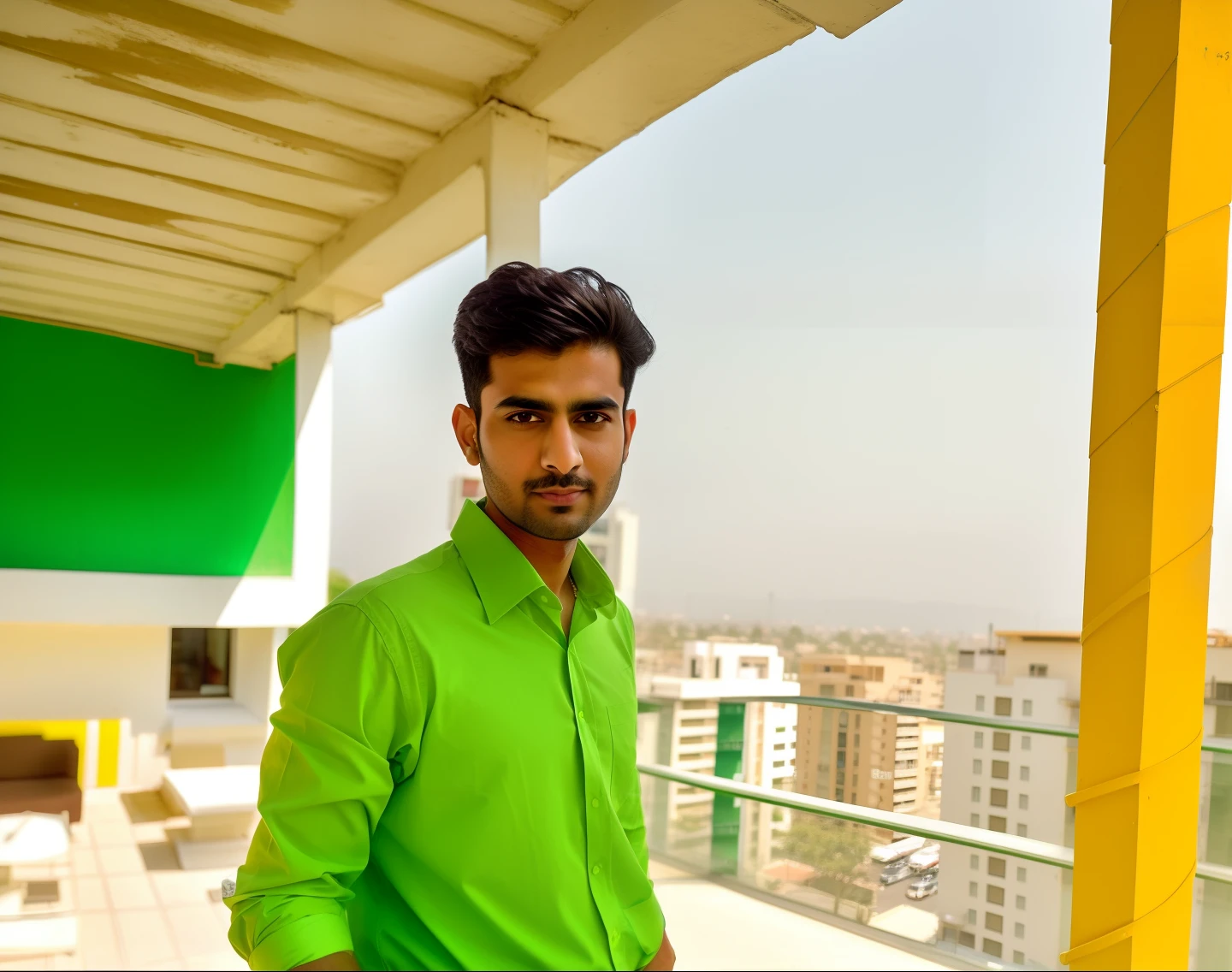 araffe man standing on a balcony with a green chair and yellow table, portait photo profile picture, candid picture, with accurate face, very very low quality picture, kyza saleem, inspired by Saurabh Jethani, very clear picture, with a cool pose, with lovely look, graphical, profile pic, taken with the best dlsr camera
