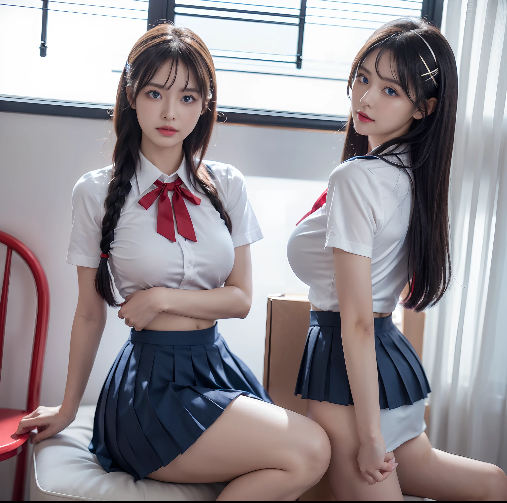 top-quality, ​masterpiece, (Professional lighting without shadows), A hyper-realistic, Bewitching, perfect anatomia, Two girls, (Proudly stand in front of the camera、Girl showing off ribbon tie, Another girl on the other side、Bend over and stick your butt out towards the camera), ( Huge breasts:1.2), Bright and even whitening skin without wrinkles and steps, (Bright beautiful blue eyes with long eyelashes and red tear bags reflect a lot of light:1.3)、 Braided half-up hair with bangs, (Her outfit is、Dress up tight fit cramped schoolgirl uniform with super short super mini pleated skirt:1.3), (Proudly showing off a crimson ribbon tie from the front), (Another girl on the other side、To beautifully emphasize the proud ultra mini pleated skirt、Showing off a pose with the buttocks exposed from directly behind:1.3), (Beautiful face squinting in dazzling light:1.3), (ssmile), (Plump red teardrop bag:1.2)