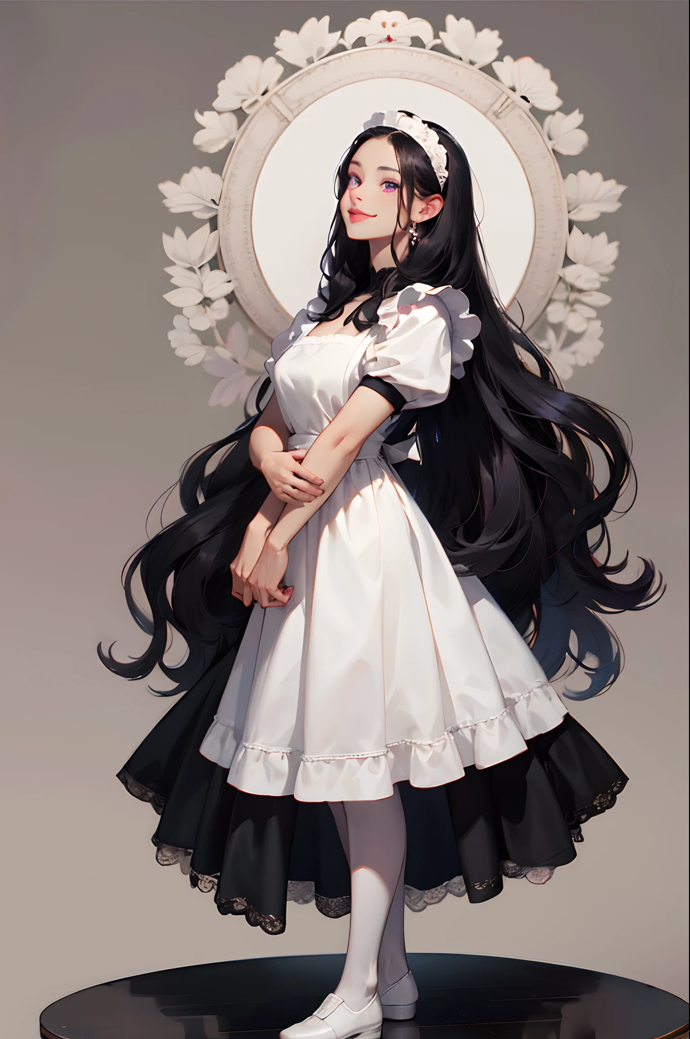 maid clothes Long Black Hair FULL BODYSHOT White lace headband White lace apron White garter stockings No bangs Wavy Hair Bangs center parting Beautiful facial features Frontal shot Full-body image 8K picture quality、top-quality、masutepiece,white stockings,white backgrounid,Long Black Hair,Wavy Hair,Large breasts,Front-facing,An ultra-high picture quality、ultra - detailed、Ultra-realistic hair quality、Vibrant colors,Sweaty forehead and cheeks、soft pink lips、Red cheeks、full body Esbian、9 head、8K picture quality、top-quality、masutepiece,white stockings,white backgrounid,((maid clothes)),Long Black Hair,Wavy Hair、Unclear,Front-facing,An ultra-high picture quality、ultra - detailed、Ultra-realistic hair quality、Vibrant colors,Sweaty forehead and cheeks、soft pink lips、Red cheeks、full body Esbian、9 head body white backgrounid anime image Black miniskirt White lace apron Frontal shot、Hair is waist-length Smile Beautiful dark purple eyes cartoon (masuter piece:1,2)