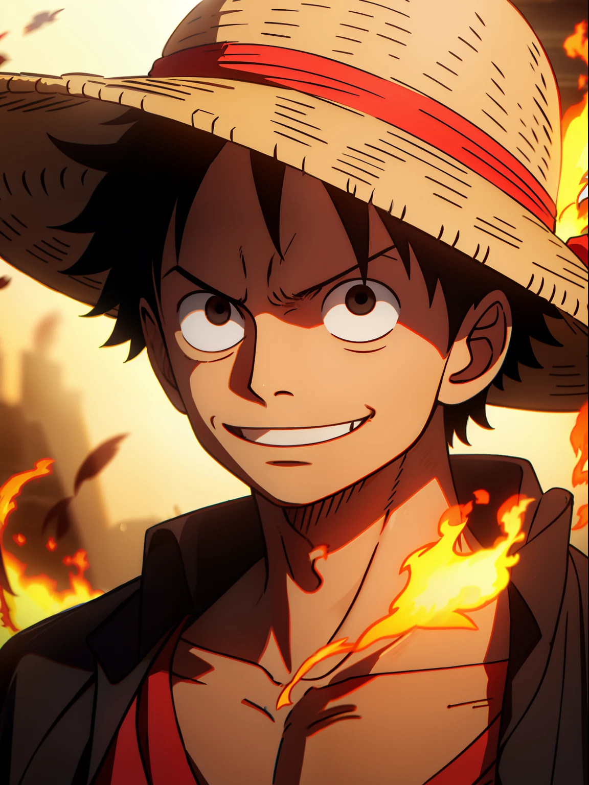 1boy, wanostyle, monkey d luffy, smiling, straw hat, looking at viewer, solo, upper body, ((masterpiece)), (best quality), (extremely detailed), depth of field, sketch, dark intense shadows, sharp focus, soft lighting, hdr, colorful, good composition, fire all around, spectacular, closed shirt, anime screencap, scar under eye, ready to fight, black eyes