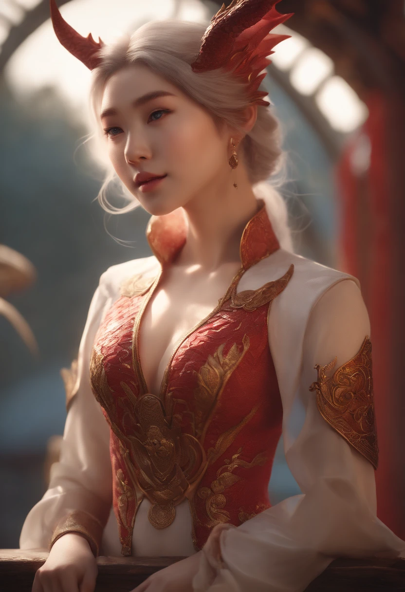 Girl Dragon, Feminine, Solo role, 8K quality, Ultra photo realsisim, a 3D render, Digital art, beautiful and detailed portrait of a (((Feminine))) anthro dragon, Kenket, ross tran,ruanjia, upload on e621, zaush, Foxovh, Cinematic lighting,(((Shy, Seductive))) Smile, view the viewer, no fur, red scales, Dragon, Girl child, Plump body, Feminine body, shyexpression, Wear a white vest, Wear blue slacks, Soft body, Very weak, Very lean, ((Show it later)), hand behind ack, Spread backwards