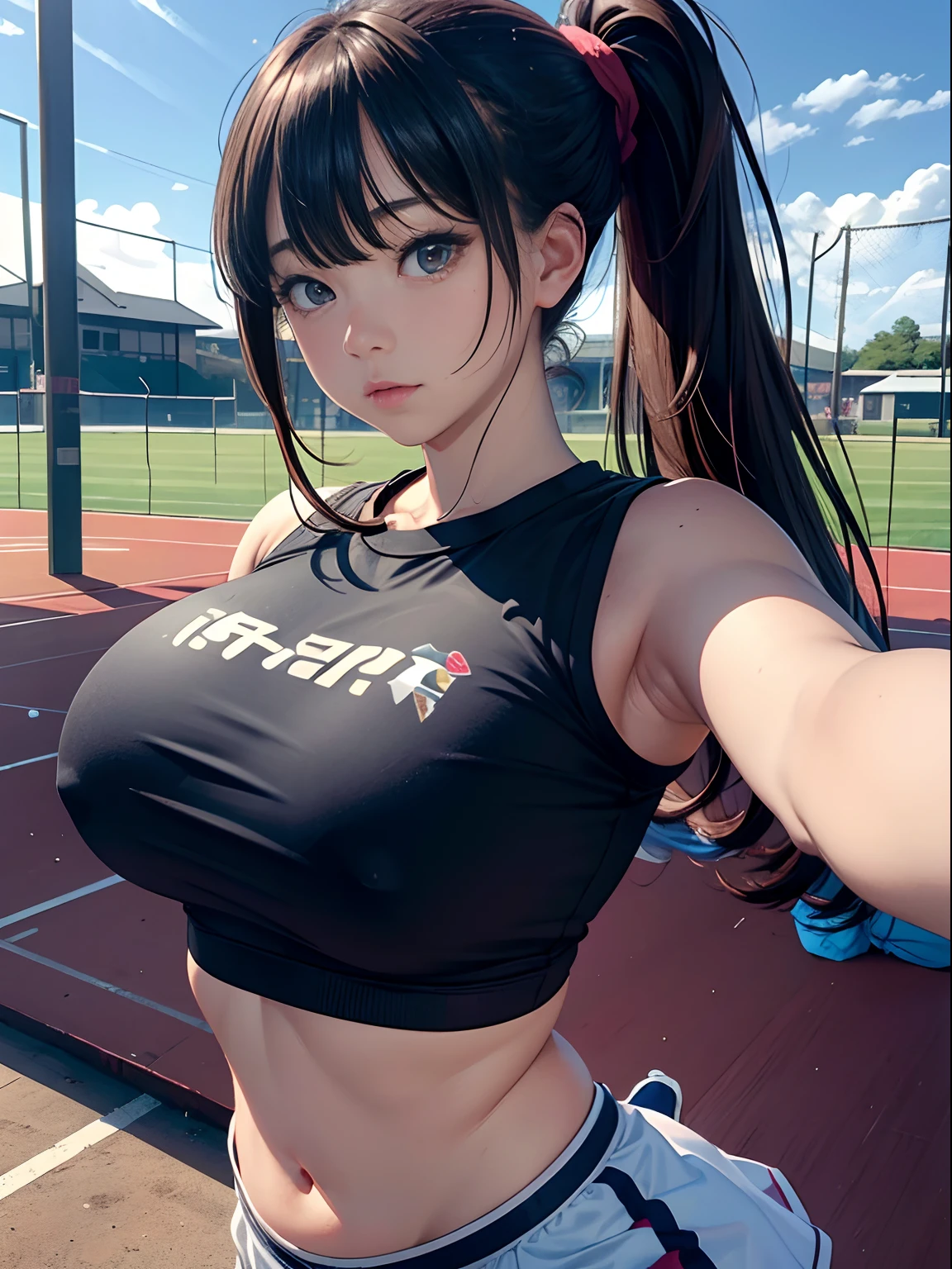 Girls、(masterpiece:1.4)、(in 8K、realisitic、Raw photo、top-quality:1.4)、(Real Face:1.4)、(real looking skin:1.3)、超A high resolution、A hyper-realistic、Eyes in Beautiful Details、Brown hair、Low ponytail、Bloomers in gym clothes、no-bra、high detailing、(huge-breasted:1.5)、Blushing、gargantilha、playground、Sports Festival