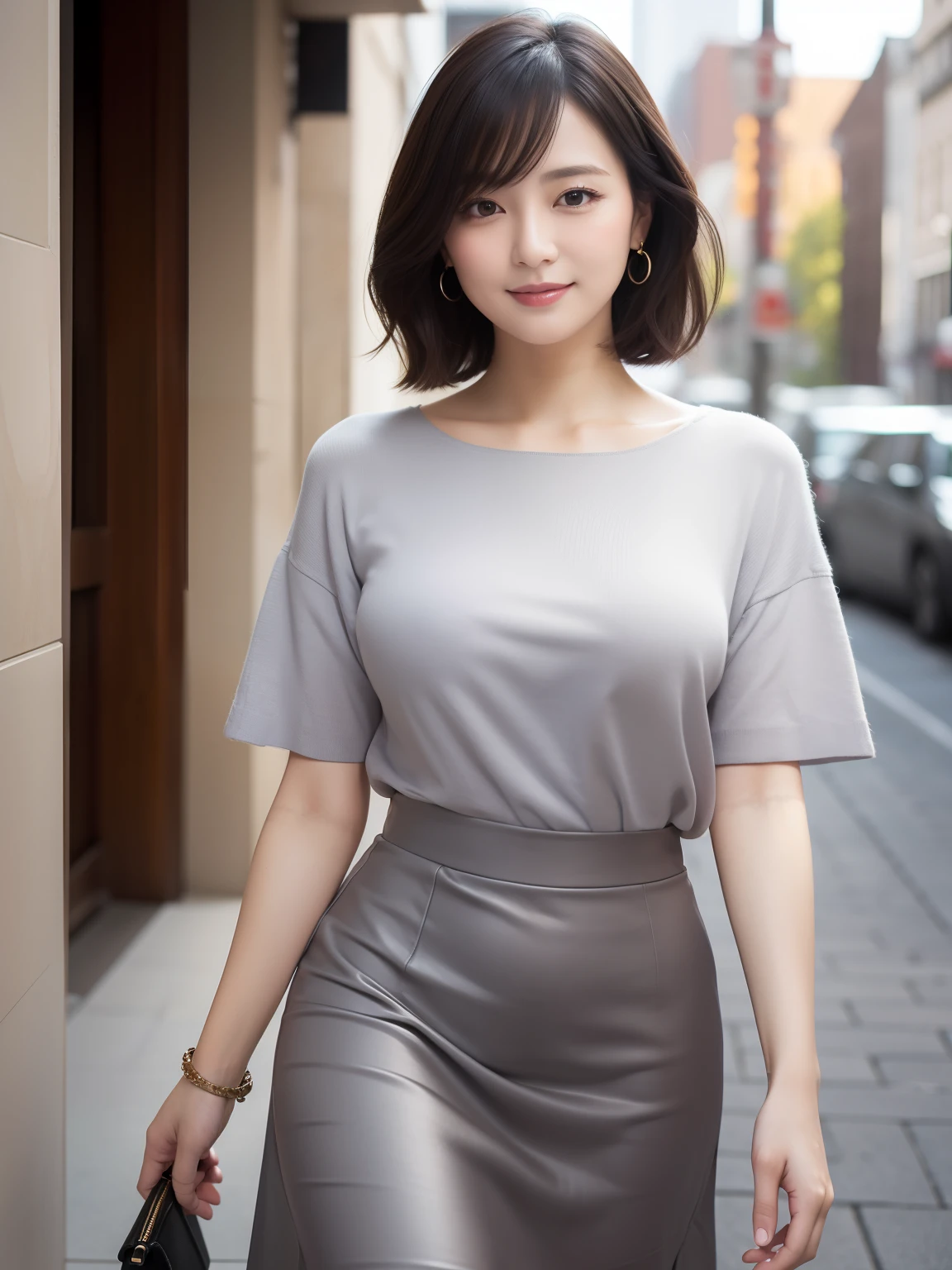 ((masterpiece))、((top-quality))、a picture、Realisticity、high-level image quality、Advanced depth of field、ultra-detailliert、Realistic lighting、married woman、age 30s、Delicate facial features、a short bob、dishevled hair、Realistic backgrounds and accessories、large full breasts、Sexy smile、A seductive gaze、Sexy lips、Walk down a long corridor、Grey knitted short sleeve shirt、wide Shots、pantyhose、tight skirts、