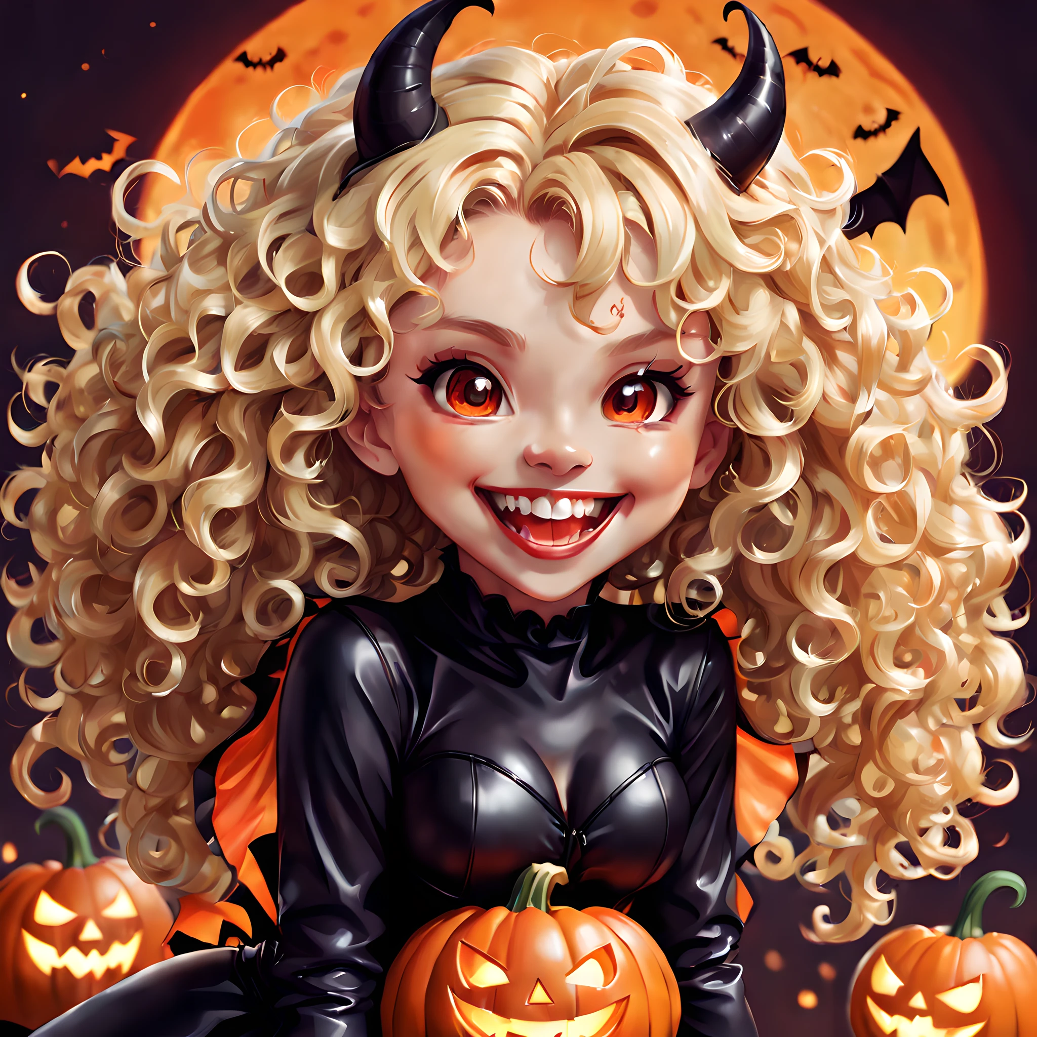 Devil, black devil, cute devil, anime illustration, ultra detailed, hyper sharp image, fangs. blonde wavy curly long hair, wearing rubber costume, halloween festival, jack o'lantern, ghost, happy smile, cute smile,