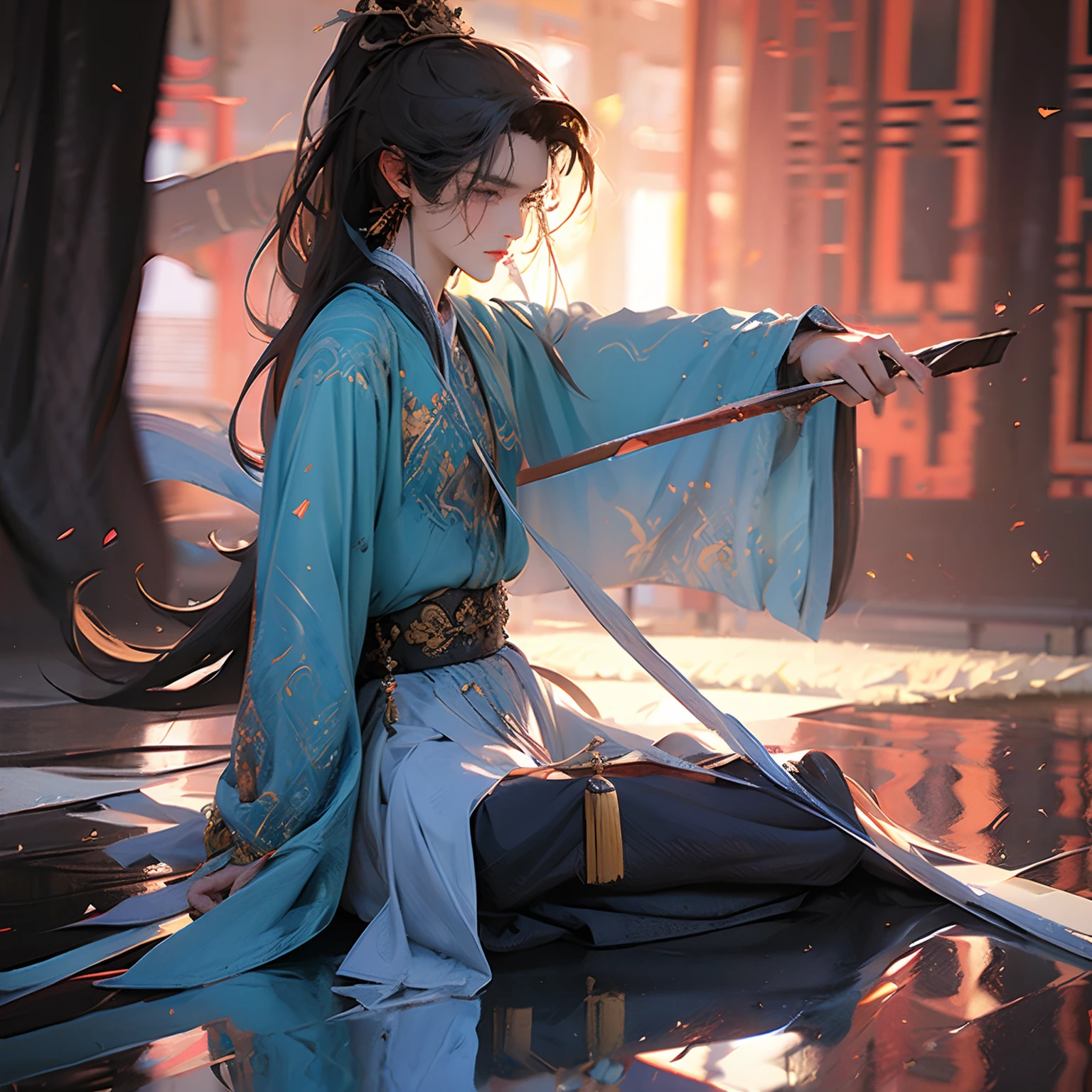 masterpiece,(masterpiece, top quality, best quality),(((realistic))),(3d:1.2),jewelry,long hair,earrings,(1boy:1.3),male focus,solo,hair ornament,ponytail,looking at viewer,chinese clothes, ancient clothes,black hair, handsome, green eyes, expensive clothing, bound, tied wrists, captive, prisoner, pouting, tied up, torn clothing, up close, embarrassed