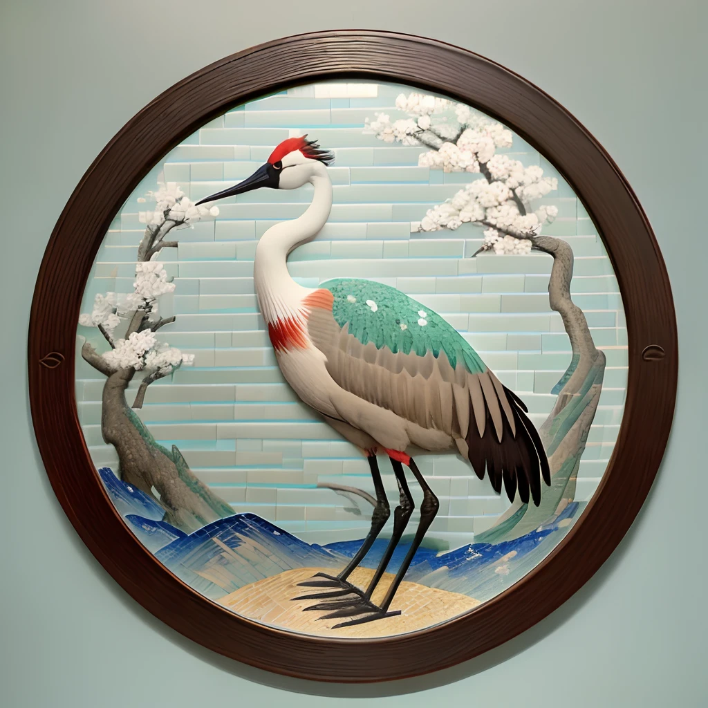 A sandhill crane on a light blue and green background，There is a cutting panel on the background, Museum of Japanese Art, Dark white and light brown, Elegant and balanced, Standard collection, Song Huizong, Song dynasty painting, a mosaic, Planar composition