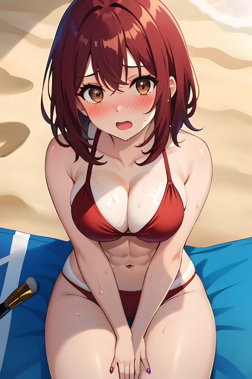 one girl, medium hair, red hair, brown eyes,big breasts, strong abs, Shining eyes,(surprised,scraming), (makeup),red bikini,( hands between legs), (sitting), (pov from front),beach,wet body, pov from below,(suntan),shining body,big blush