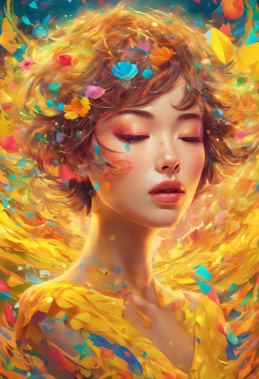 ((top-quality, 8K)), (Realistic), (Face Focus: 1.1), (amarelo: 1.3), Kawaii Girl, short-hair, 
Hair fluttering in the wind, Facing to the side, Look up at your face, Eyes closed, (Sleeveless: 1.1)、Skirt, D Cup Breasts,Countless petals are falling