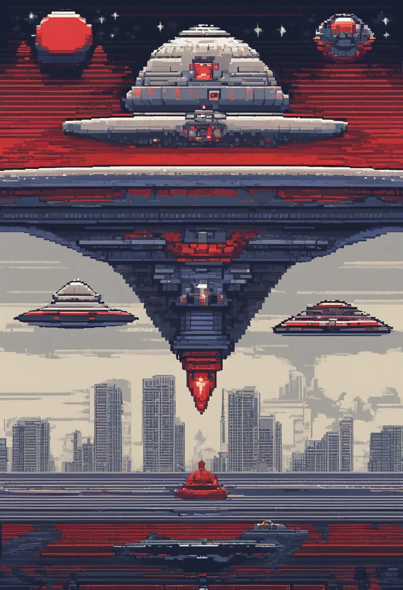 Vertical scrolling shooter boss、Disk-shaped UFO、Seen from directly above、The outer half of the UFO body is red and half blue、Gray on the inside