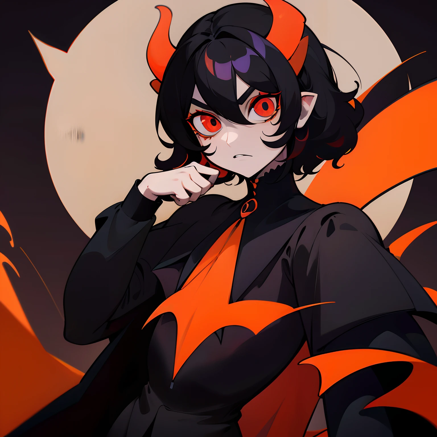obra-prima, melhor qualidade, alta qualidade,, masculino, black_hair, capa, orange_eyes, red_eyes, black_sclera, colored_sclera, esclera preta, esclera colorida, homem, demon horn,