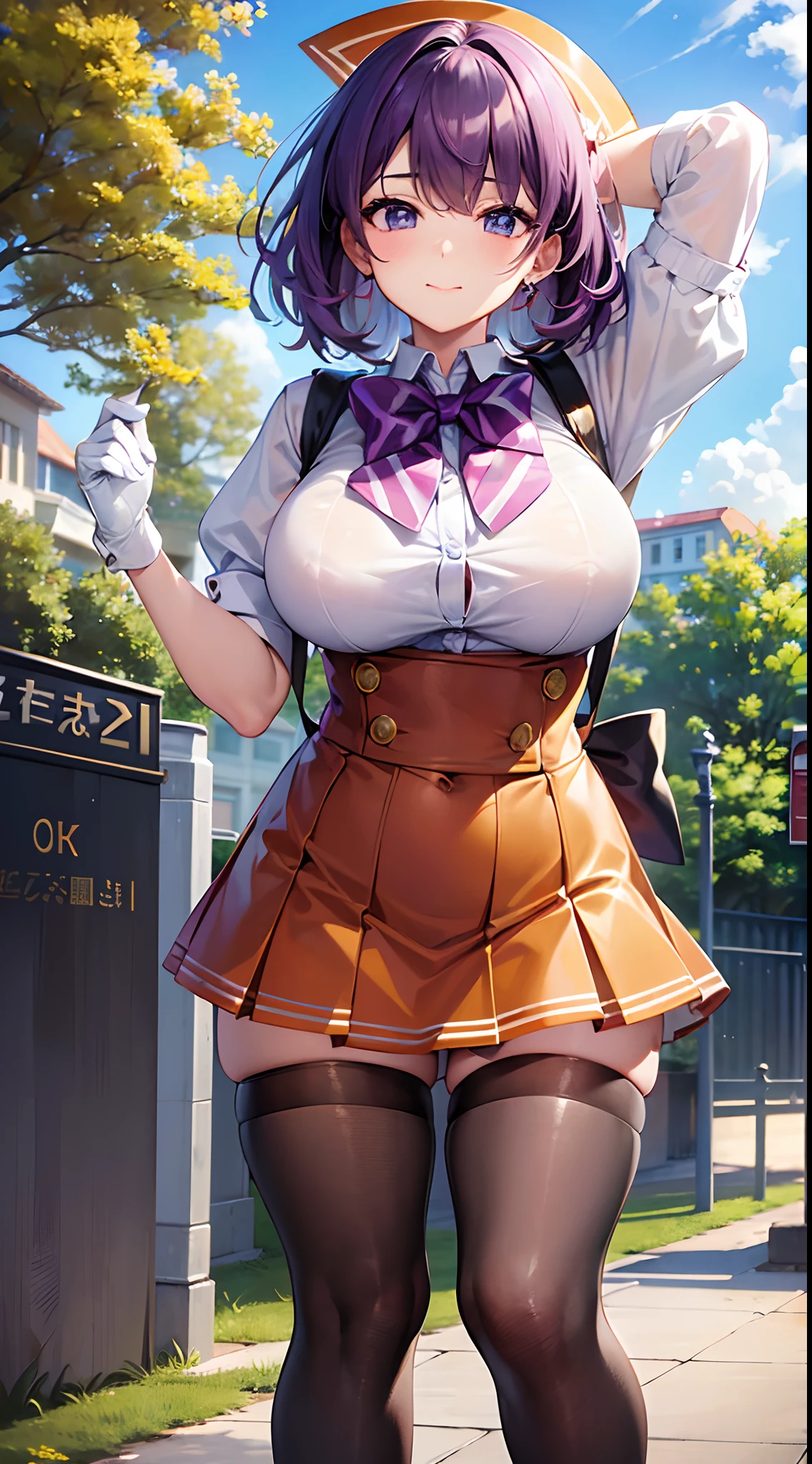 (masterpiece, best quality, 8k, detailed, photorealistic), 1girl, (purple hair, orange colored pupils, simple Sailor Uniform, mini skirt, stockings, Bow tie, Perfect huge breasts, shiny clothes, shiny details, short hair, hair covering one eye), Full body shot, hands at the back, (seductive face, big eyes, cute face), Ribbon Tie, perfect anatomy, school grounds, sunny day