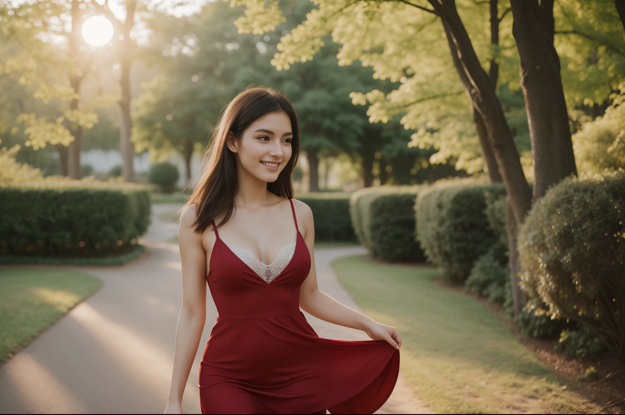 ((full-body, cinematic-shot)),(best quality,4k,8k,highres,masterpiece:1.2),ultra-detailed,(realistic,photorealistic,photo-realistic:1.37),(((1girl))),(18years old),[the face is combination of (((irene1:1.2))) and (((Excella_er5:1.2)))],(sharp focus:1.5),pearl skin,(skin pores:1.1),extremely detailed face and skin texture,(skin texture:1.1),black hair,tall and slender body,(192cm tall),thin and delicate figure,graceful posture,strong and defined muscles,flawless skin,defined abs,perfect curves,feminine appearance,beautiful long legs,embodying elegance and beauty,happy expression,full-smile,cleavage breasts,((wearing a red color dress:1.3)),(no panty),(ultra-short dress),vibrant colors,extremely detailed and realistic (red) clothes,(colorful),(film grain:1.3),garden, fresh air, soft sunlight, blooming flowers, morning mist, tranquil atmosphere, waking up with a smile, warm colors, peaceful nature, delicate dewdrops, chirping birds, serene beauty, gentle breeze, comfortable temperature, sparkling water, gentle grass, beautiful detailed eyes, beautiful detailed lips, extremely detailed eyes and face, long eyelashes, birds singing in harmony, sunlight filtering through the trees, early morning walks, vibrant colors, soft shadows, hazy horizon, a girl enjoying the calmness, joyful laughter, playful nature, magical sunlight, flower petals floating in the air, beautiful floral patterns, whimsical elements, dreamlike scenes, golden sunlight casting a warm glow, a girl feeling the morning breeze, peaceful start to the day, glowing nature.