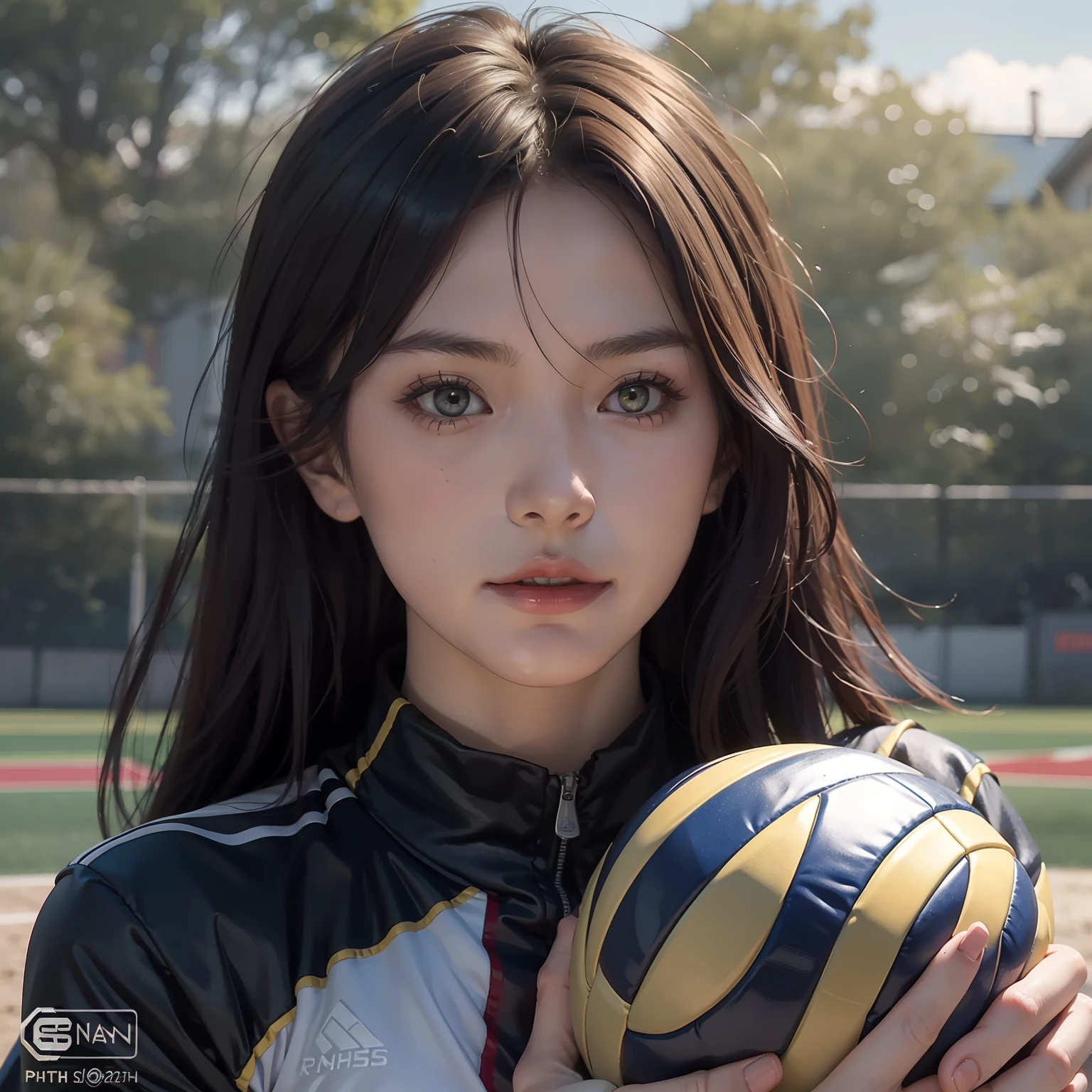 Shoichi, Uploaded on e621, by Pixelsketcher, by Bayard Wu, by Thomas Benjamin Kennington , author:Einshelm, Solo, full bodyesbian, Volleyball uniform, Volleyball, volleyball field, Green eyes