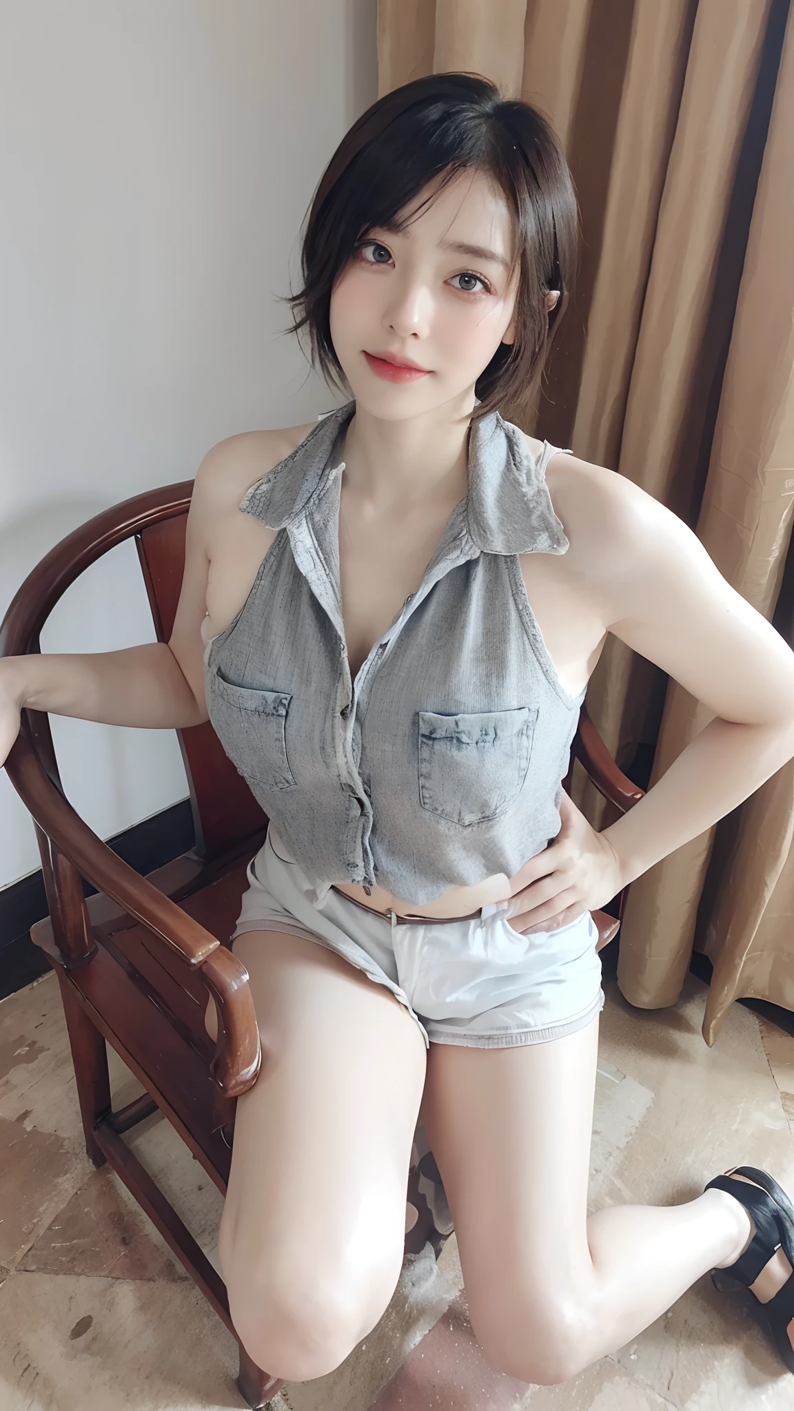 Top quality, Masterpiece, 超高分辨率, (Realistic, : 1.4), Original photo, (True skin texture: 1.3), (filmgrain: 1.3), in a panoramic view, Portrait, Very wide lens, Narrow waist, cowboy lens, (bangs, Inconspicuous, Cold light,) Night, Close-up, Tears, Short hair, neck long, ears sticking out, bangs, Big eyes, Brightly Colored Eyes, In the house, Dust, Tindall effect, (Facial expression), Sitting, (hitting a wall), Crying, Frowning, (Looking down), Nervousness, Tears, smiling happily
one girl, eyes and face with beautiful details, White jabot, pink dark V, Brown eyes,