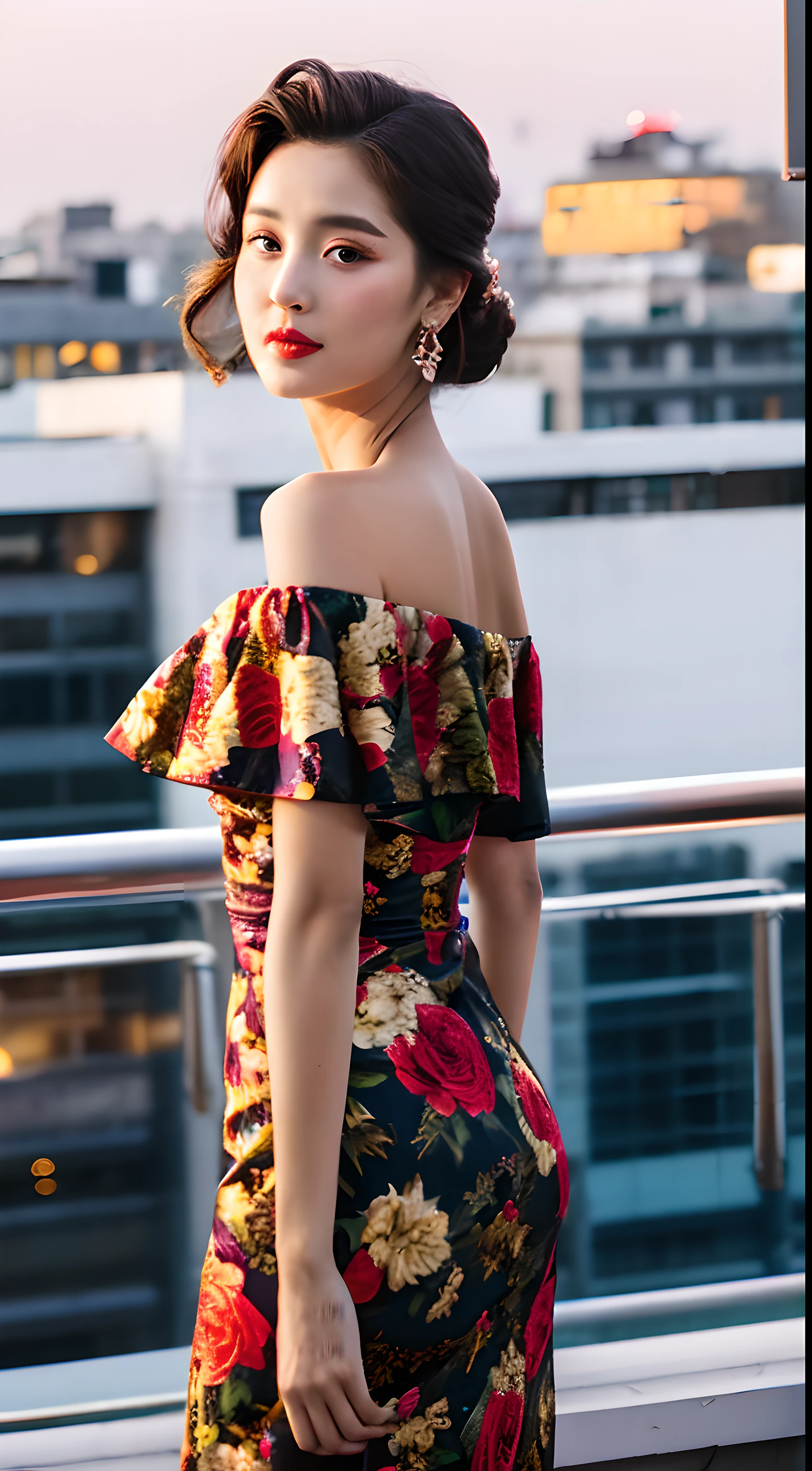 A glamorous lady wearing an off-the-shoulder floral dress, posing with the confidence and style of a fashion model. She stands on a city rooftop garden, the flowers harmonizing with her dress. Her posture is captivating, and the city lights create a vibrant, contemporary atmosphere
