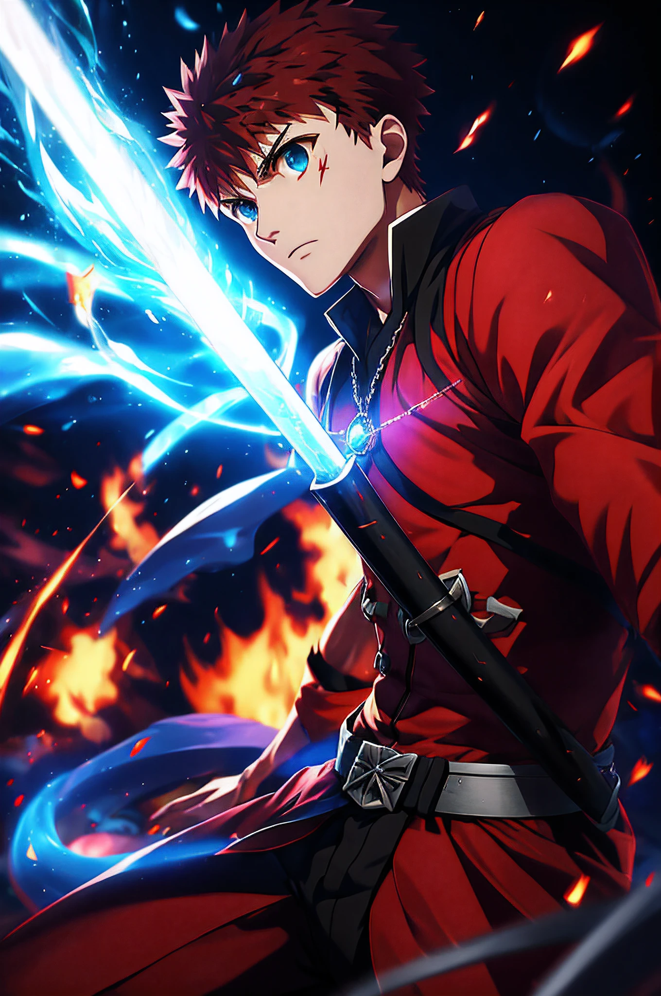 (best quality,4k,highres,masterpiece:1.2),ultra-detailed,realistic:1.37,persona,red suit,(Shirou Emiya:1.1),determined expression,piercing blue eyes,black spiky hair,(projection magic:1.1),burning flames,(Trace On:1.1),excalibur,magic circle,heroic spirit,command seals,fate/stay night,Unlimited Blade Works,blades shining in the darkness,(battle-ready:1.1),strengthened arm,steel reinforcement,protagonist,(Appraisal:1.1),invisible sword,red pendant with silver chain,protector of justice,valorous knight    注：Many of Shiriou's images are battle scenes，Violence is involved，The prompts you complete are not to describe the scars of battle，I myself am clear that ippets can generate themselves